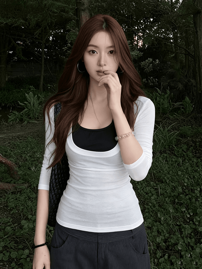 실사 빅 사이즈 느긋한 바람 배색 얇은 스타일 마이크로 ~을 통해 티셔츠 여성 가을 새로운 행침 목 캐미솔 세트 상세 이미지 3