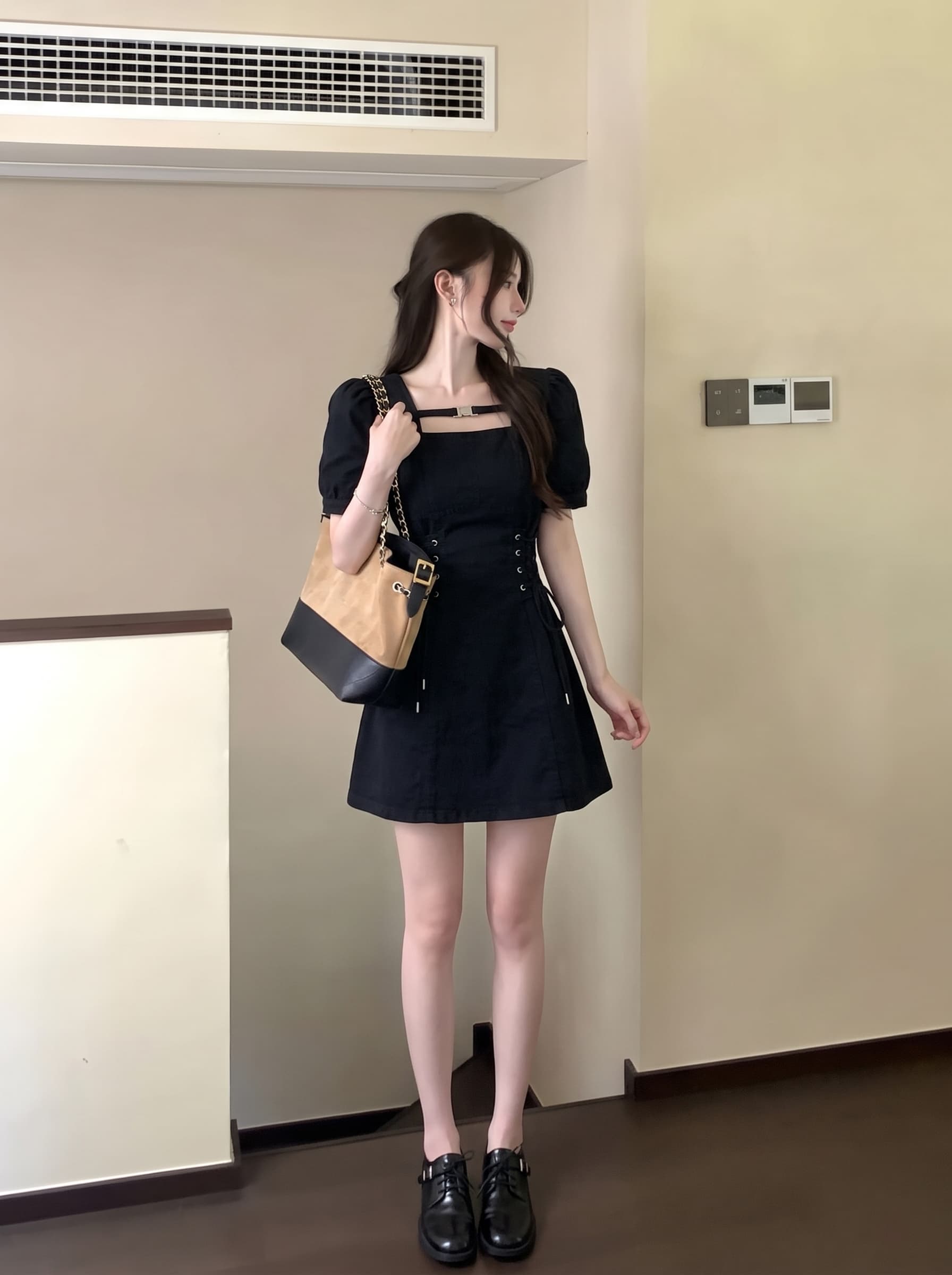 실사 빅 사이즈 여성 의류 프랑스식 반팔 여성 드레스 여름 지방 mm 허리 수축 슬림해 보이는 검정색 데님 드레스 상세 이미지 9