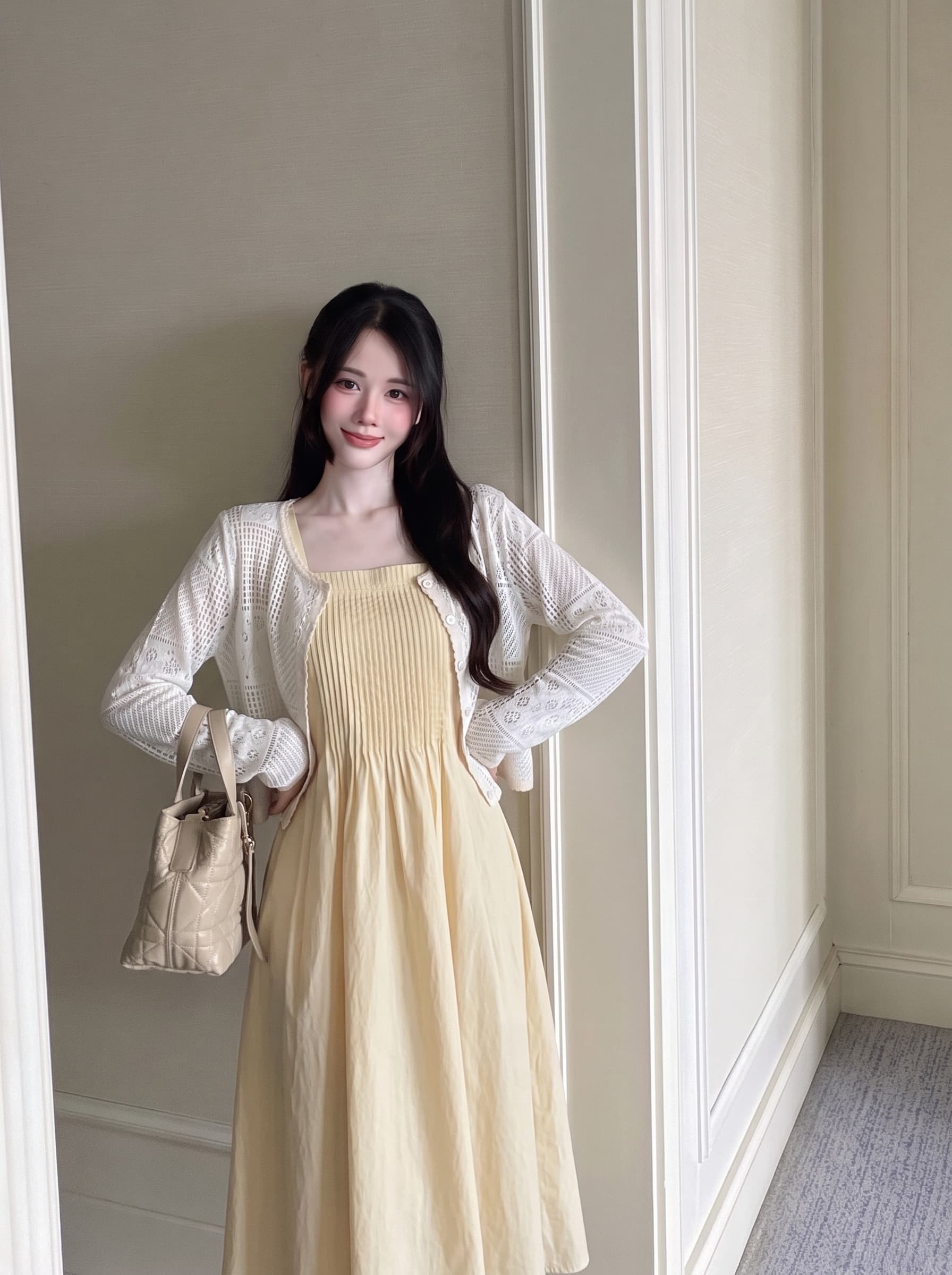 실사 빅 사이즈 여성 의류 프랑스식 플랫 구두 디자인 장기 여름 슬립 드레스 오픈 가디건 세트 지방 mm 품격 여성 의류 상세 이미지 5