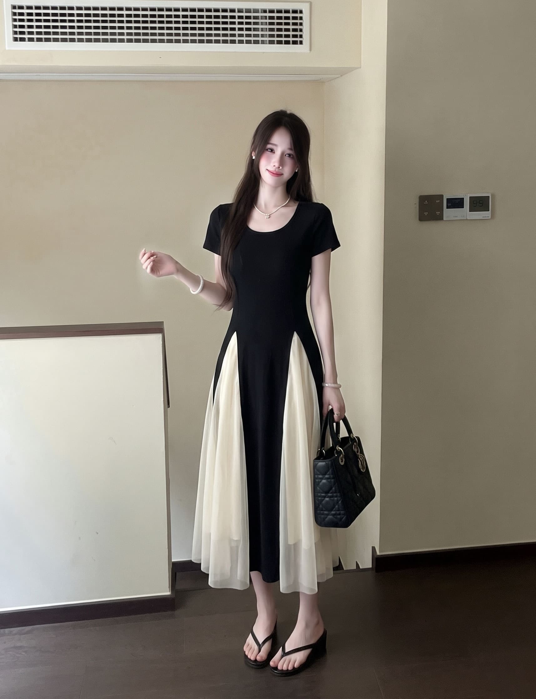 실사 빅 사이즈 여성 의류 분위기 센스 가져 가라. 회전율 디자인 센스 싸움 망사 드레스 지방 mm 슬림해 보이는 치마 여성 상세 이미지 5