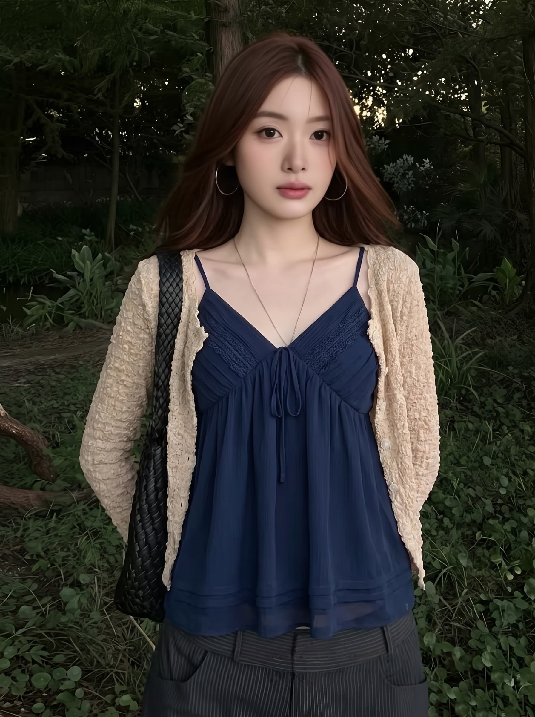 실사 빅 사이즈 가을 새로운 한 부서 버블 오픈 가디건 순수한 욕망 V넥 캐미솔 디자인 센스 세트 이미지 4