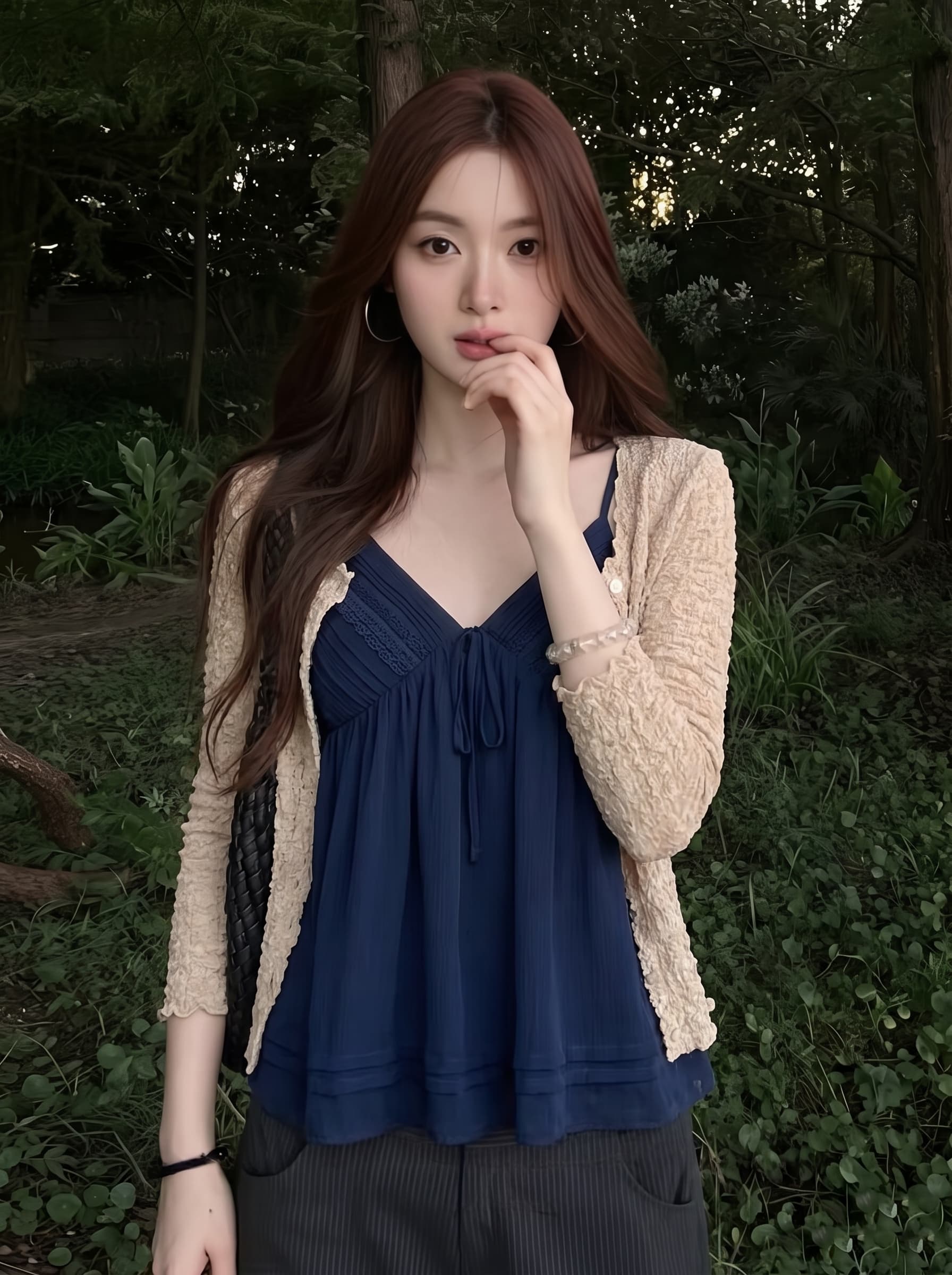 실사 빅 사이즈 가을 새로운 한 부서 버블 오픈 가디건 순수한 욕망 V넥 캐미솔 디자인 센스 세트 상세 이미지 3