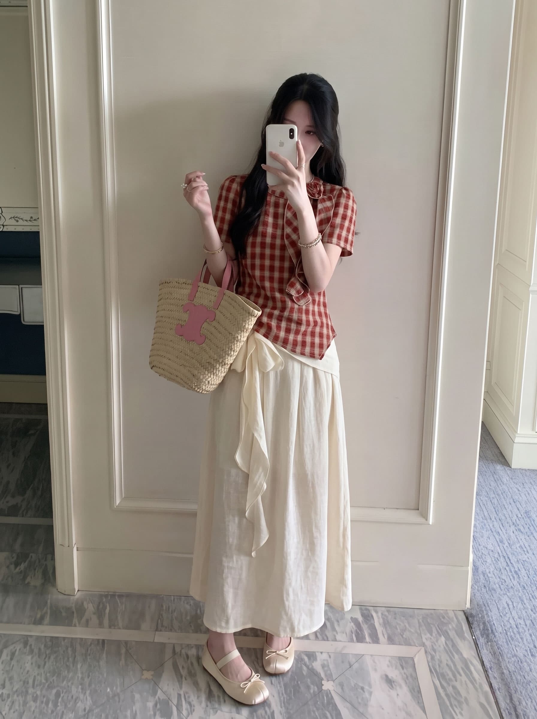 실사 빅 사이즈 여성 의류 여름 새로운 한 부서 품격 라운드 넥 체크무늬 반팔 꽃 맨위 디자인 센스 반신 스커트 이미지 3