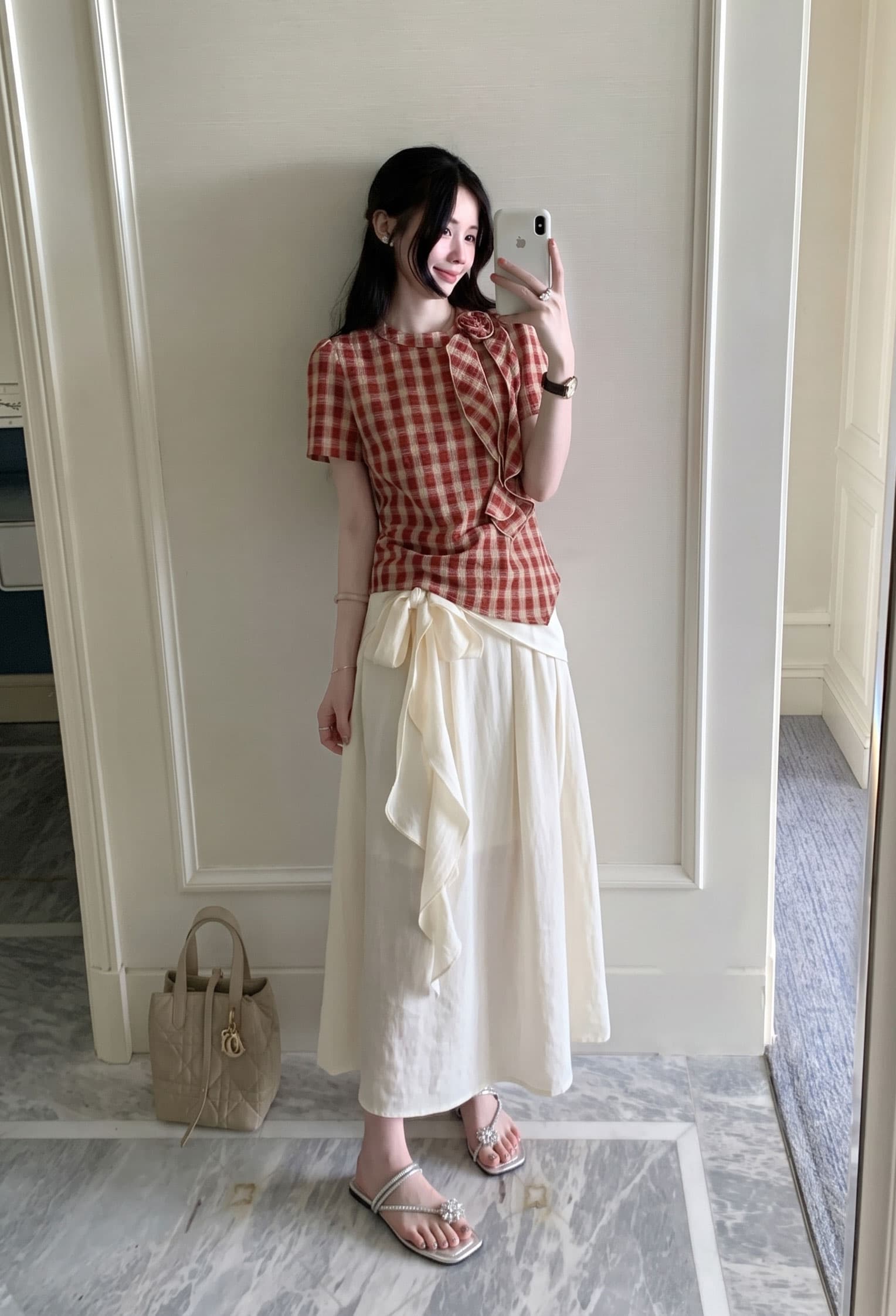 실사 빅 사이즈 여성 의류 여름 새로운 한 부서 품격 라운드 넥 체크무늬 반팔 꽃 맨위 디자인 센스 반신 스커트 상세 이미지 5