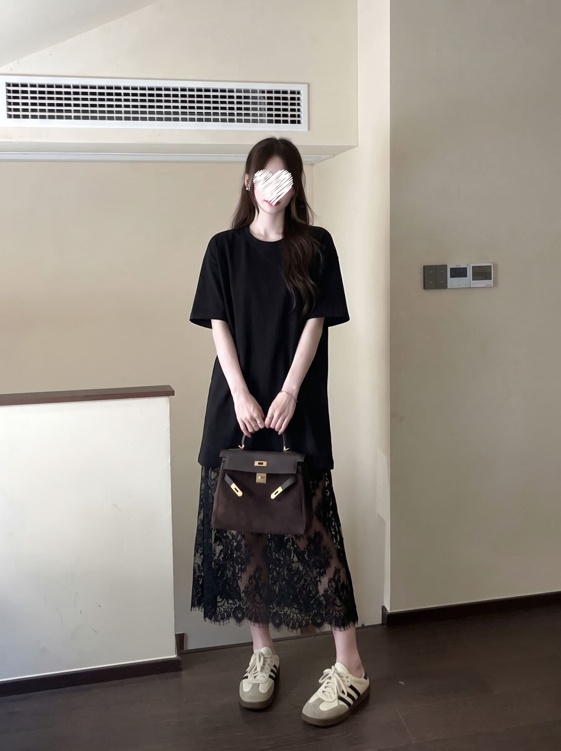실사 빅 사이즈 여성 의류 대비 부적 고급 센스 검정색 티셔츠 레이스 반 스커트 세트 지방 mm 두 조각 여성 세트 상세 이미지 7