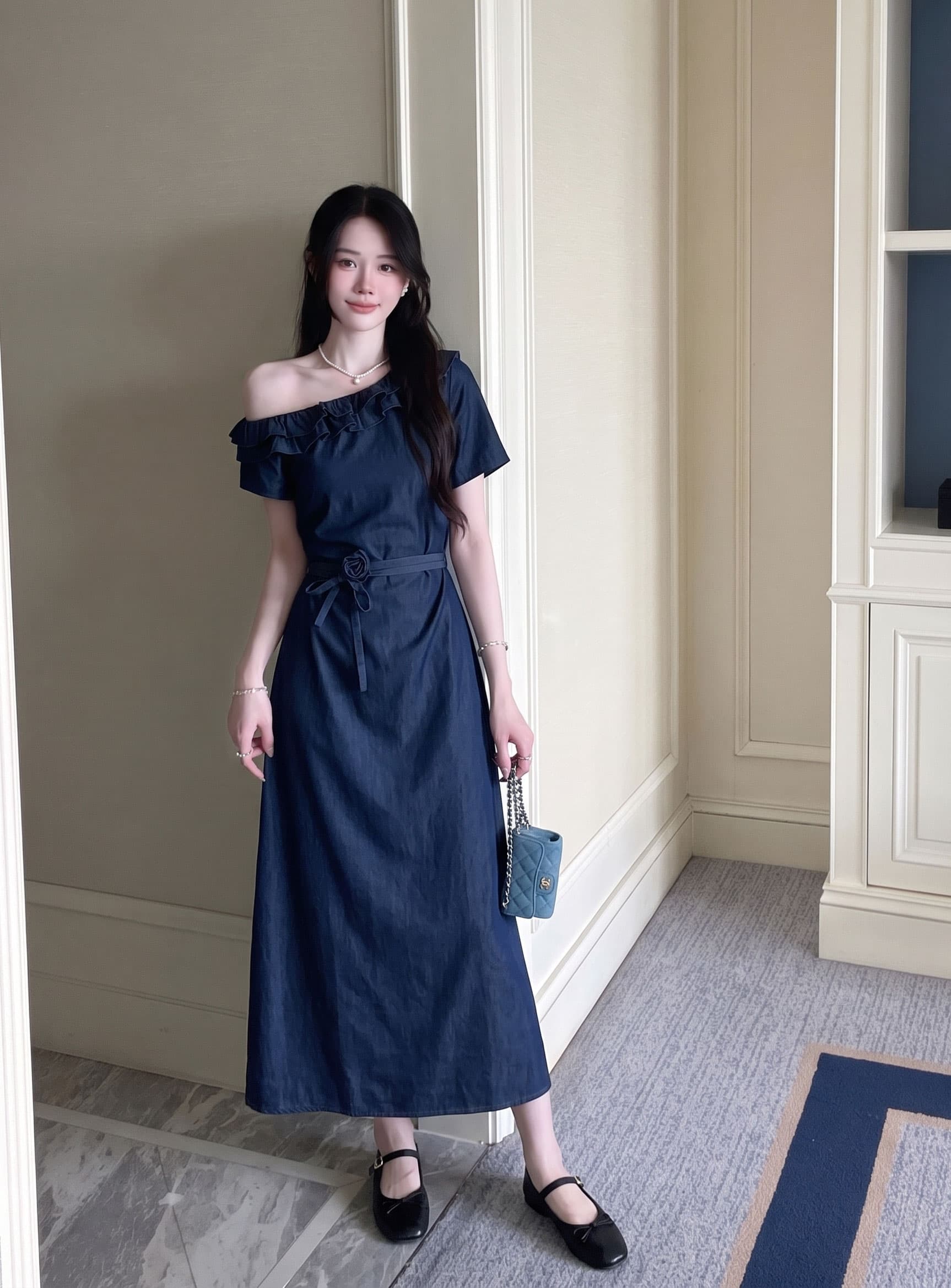 실사 빅 사이즈 여성 의류 프랑스식 비스듬한 어깨 파란색 데님 꽃 레이스업 드레스 외국 가스 디자인 센스 드레스 이미지 2