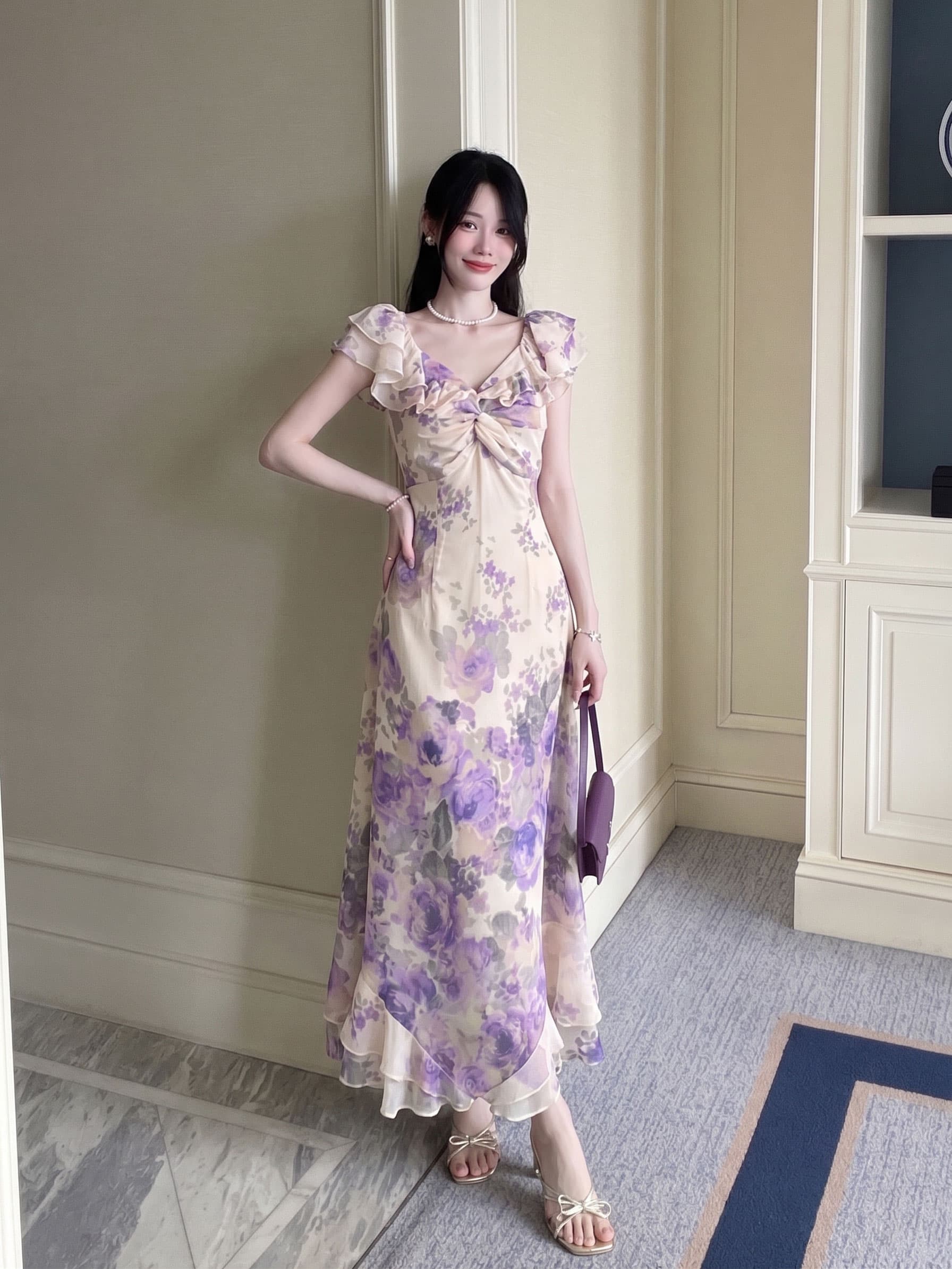 실사 빅 사이즈 여성 의류 기타 착용 섹시함 작은 여자 오리지널 레트로 vintage 부적 보라색 프린트 드레스