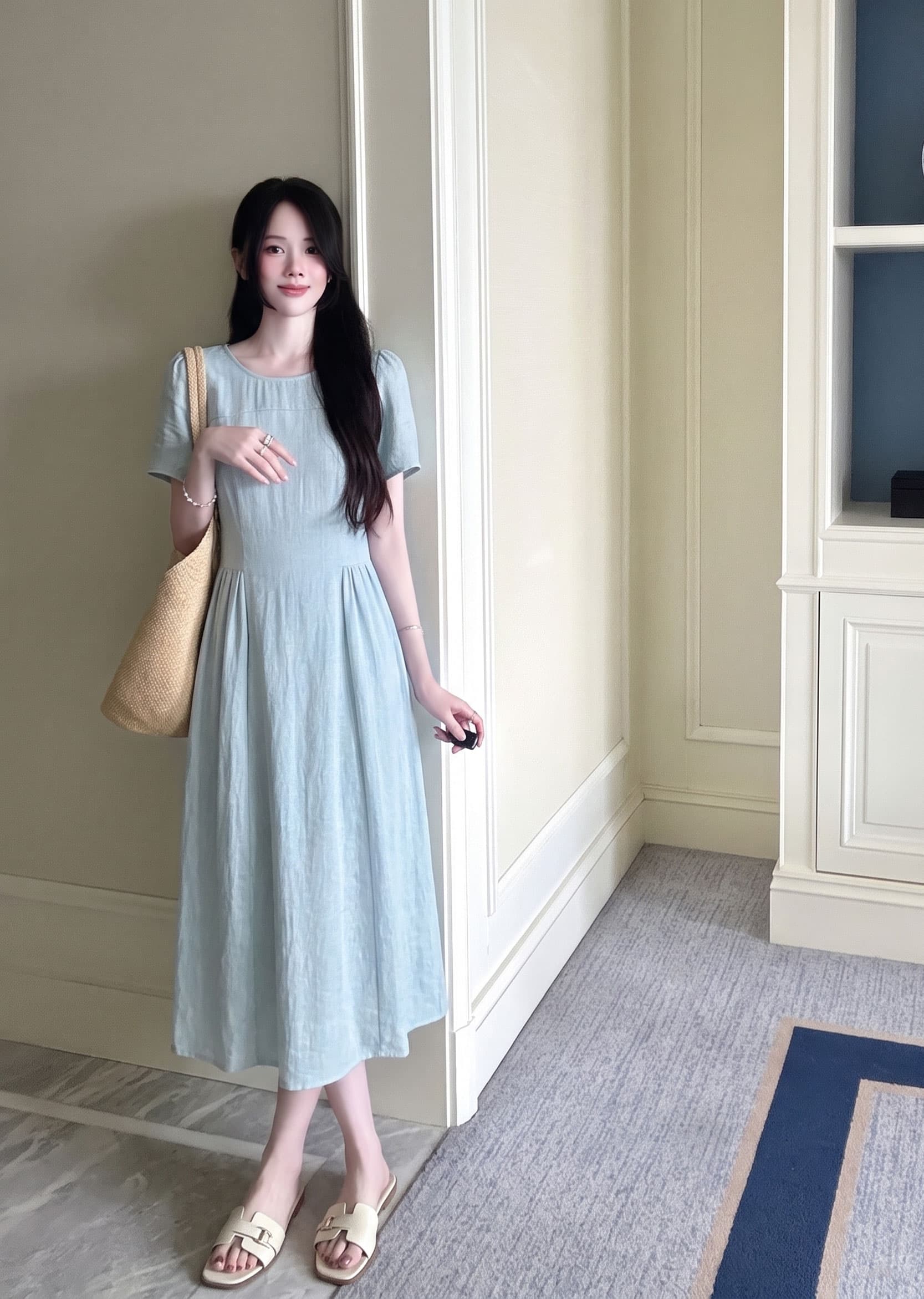 실사 빅 사이즈 여성 의류 프랑스식 라운드 넥 파란색 반팔 드레스 지방 mm 허리 수축 슬림해 보이는 품격 길다 치마 요정
