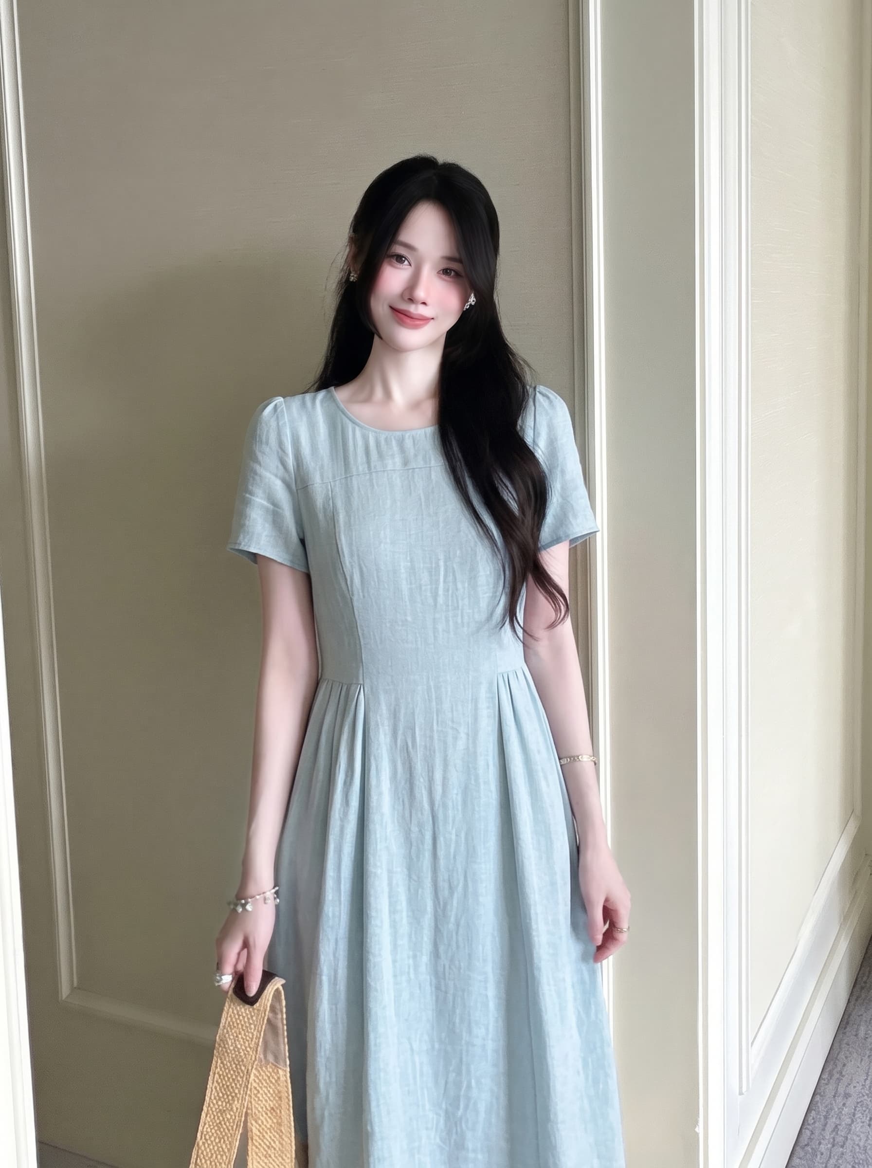 실사 빅 사이즈 여성 의류 프랑스식 라운드 넥 파란색 반팔 드레스 지방 mm 허리 수축 슬림해 보이는 품격 길다 치마 요정 이미지 3
