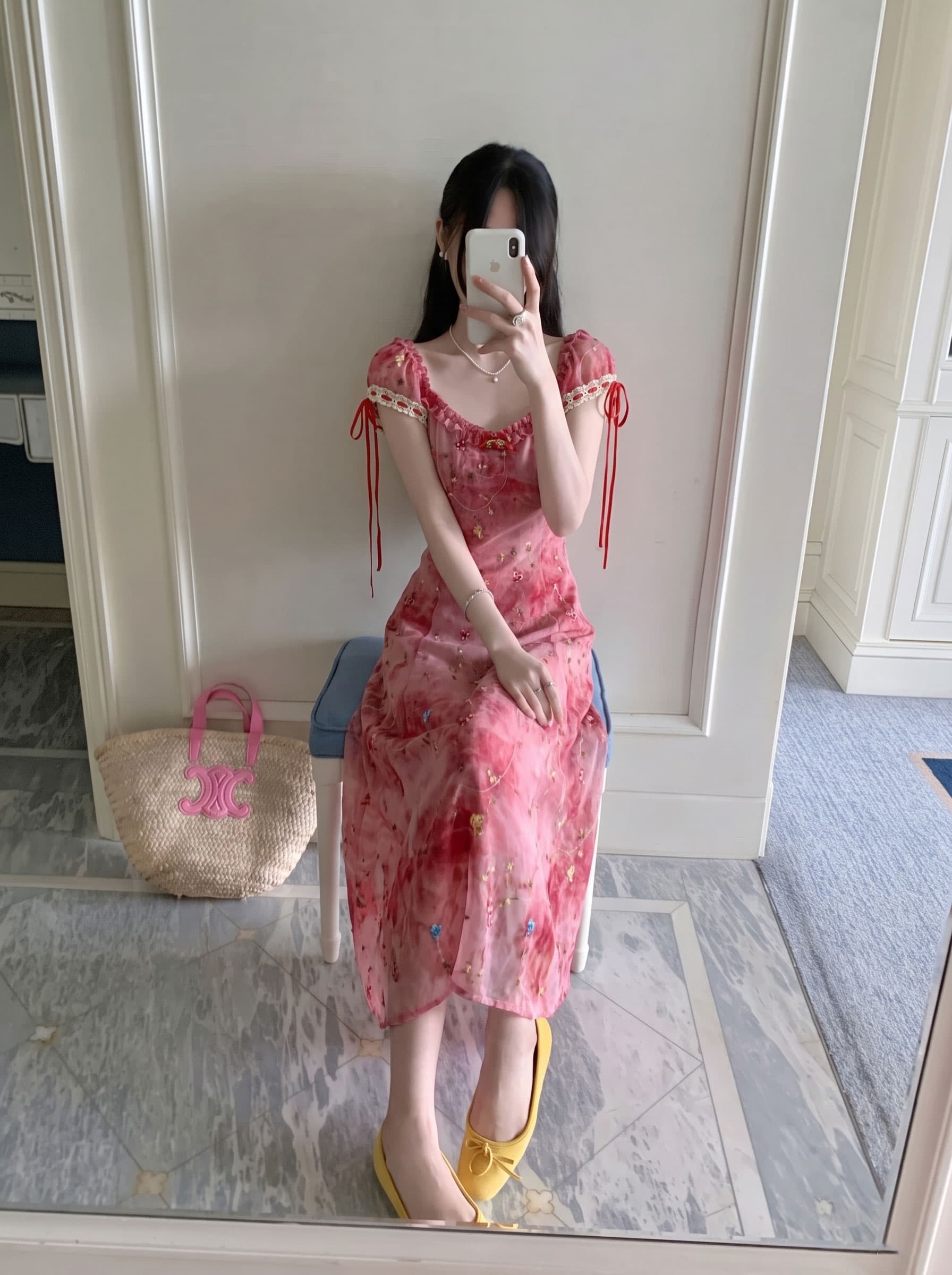 실사 빅 사이즈 여성 의류 로즈 레드 홀치기 염색 자수 롱 코트 광장 칼라 허리 수축 슬립 드레스 여름 프랑스식 치마 상세 이미지 4