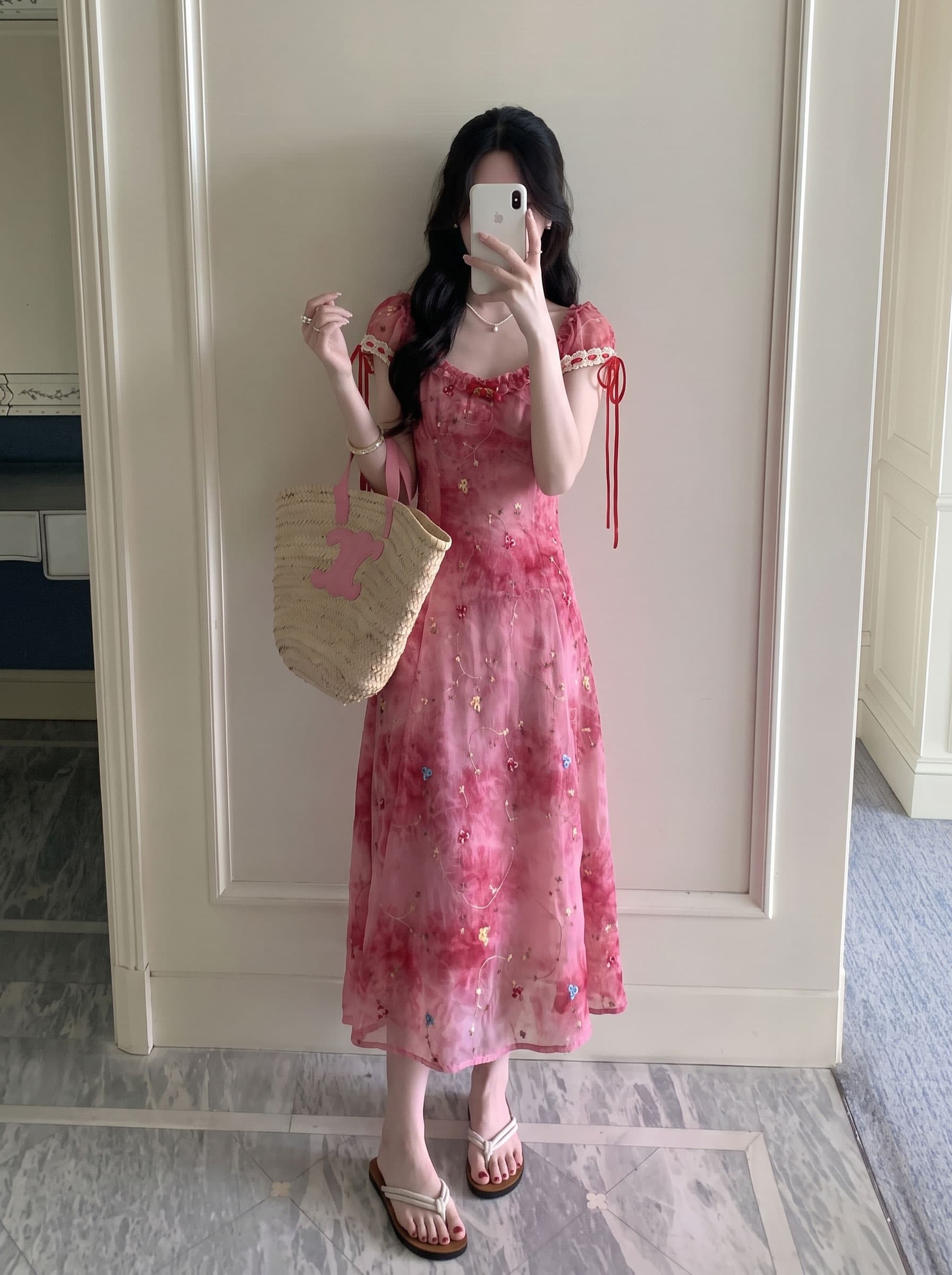 실사 빅 사이즈 여성 의류 로즈 레드 홀치기 염색 자수 롱 코트 광장 칼라 허리 수축 슬립 드레스 여름 프랑스식 치마 상세 이미지 6