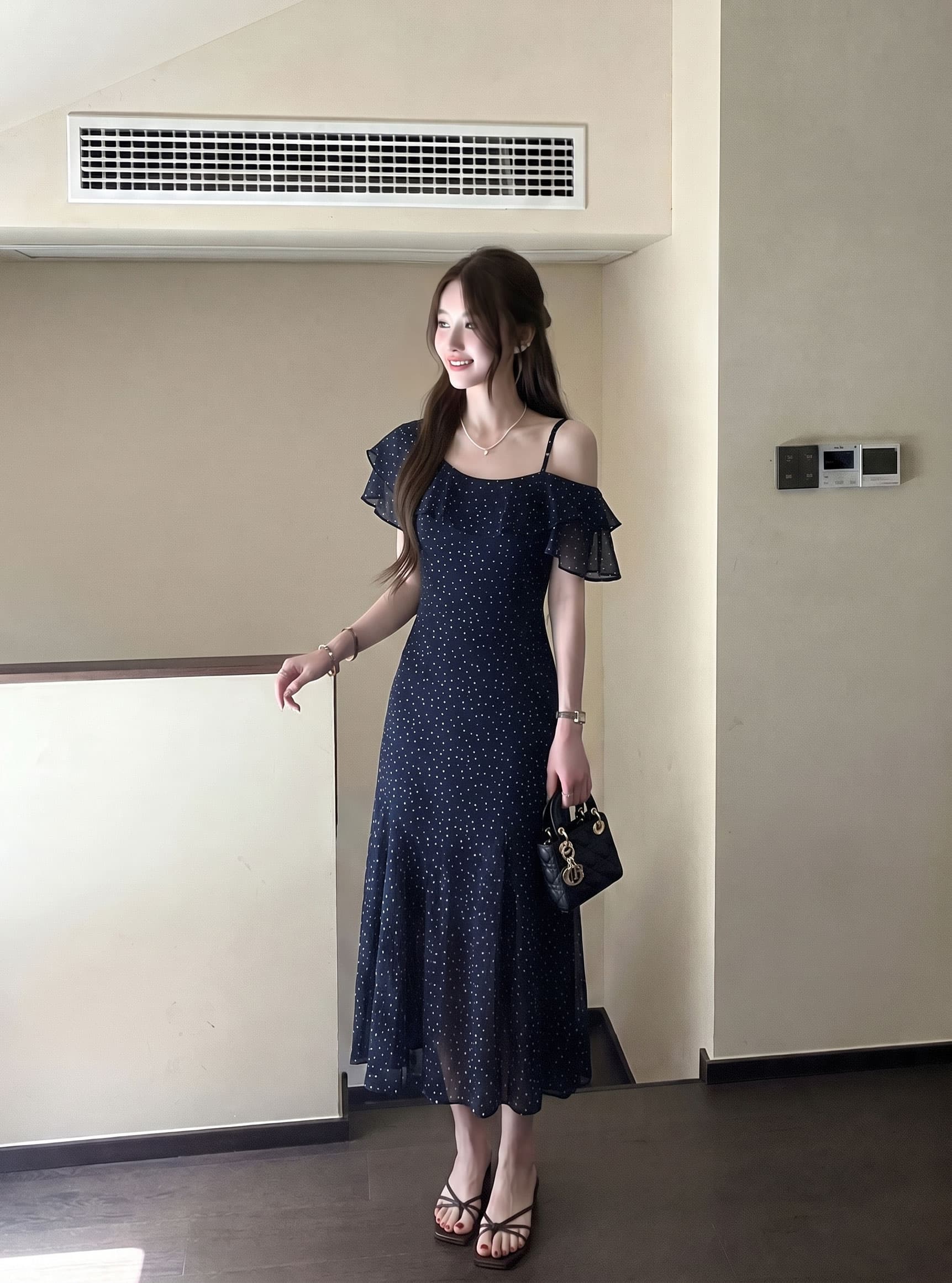 실사 빅 사이즈 여성 의류 여름 은하계 프랑스식 불규칙 도트 무늬 디자인 여성 드레스 지방 mm 품격 롱 스커트 상세 이미지 10