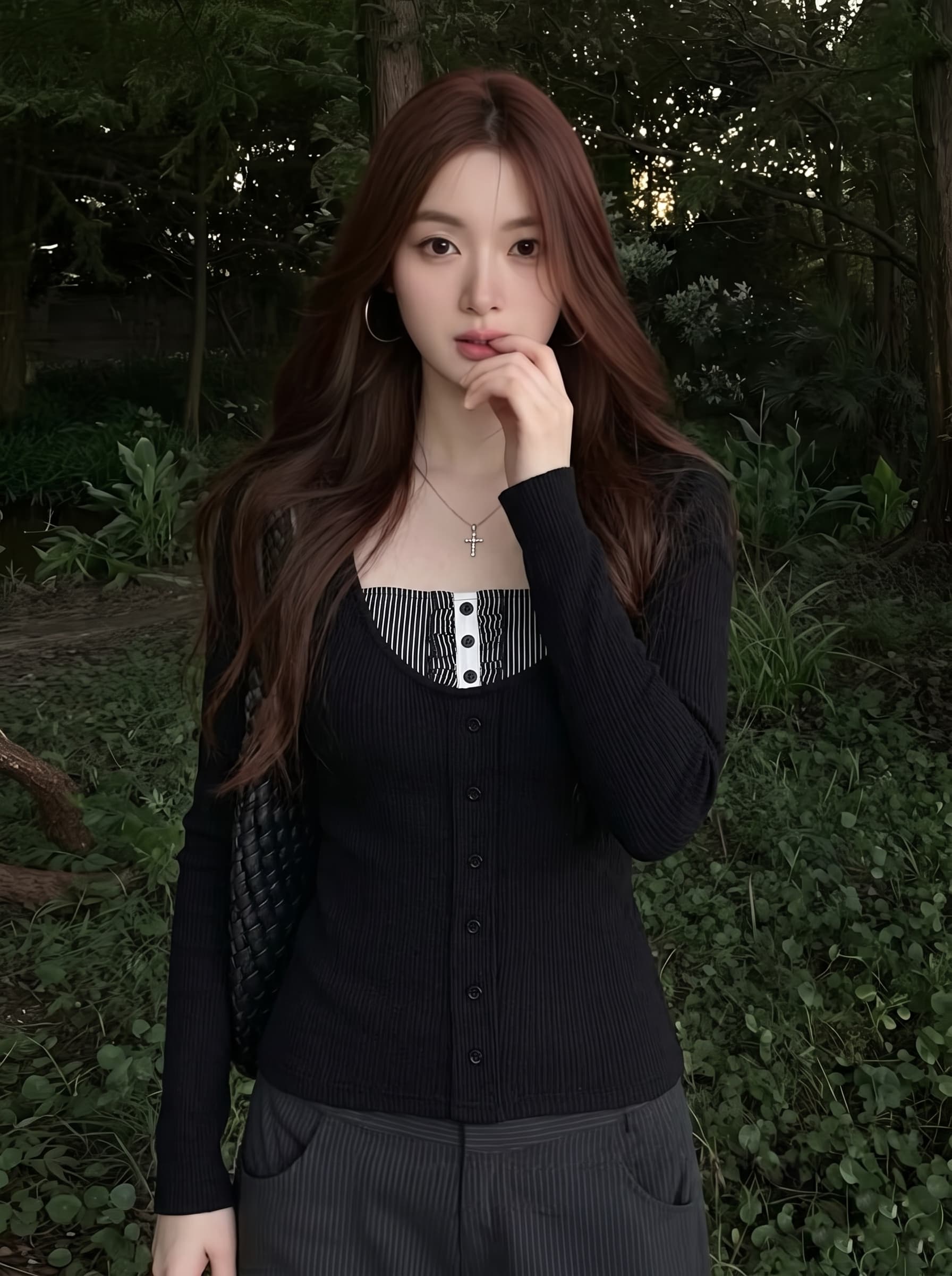 실사 빅 사이즈 가을 2026 새로운 긴팔 티셔츠 페이크 레이어드 니트 표지 고기 슬림해 보이는 검정색 맨위 여성 이미지 2