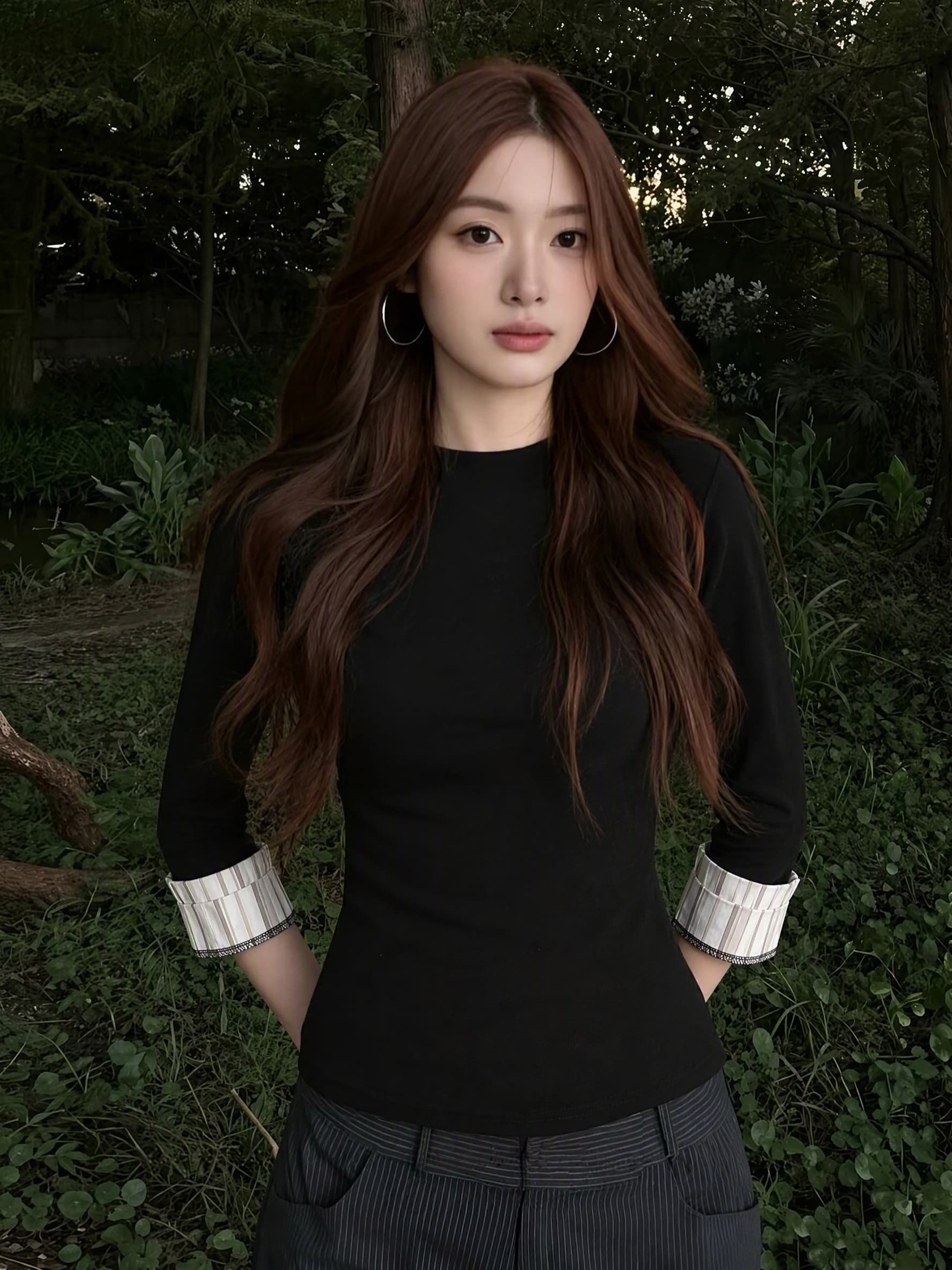 실사 빅 사이즈 가을 새로운 프랑스식 검정색 반하이넥 니트 스웨터 여성 패치워크 몸매 가꾸기 슬림해 보이는 다용도 맨위 상세 이미지 1