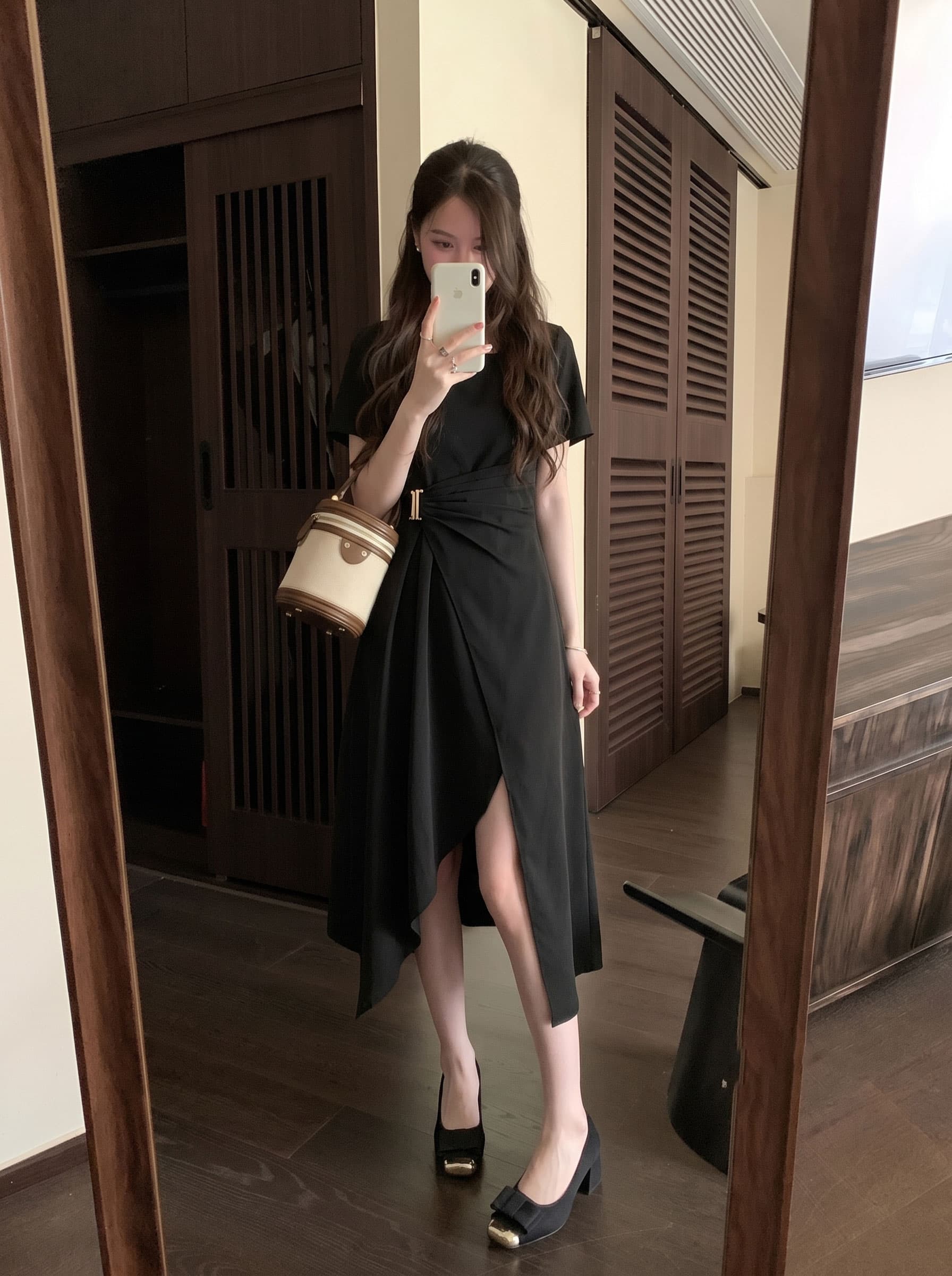 실사 빅 사이즈 여성 의류 슬림해 보이는 광장 칼라 사선 무늬 허리 수축 한 마디 드레스 지방 mm 디스플레이 숨기기 고기 얇은 드레스 상세 이미지 8