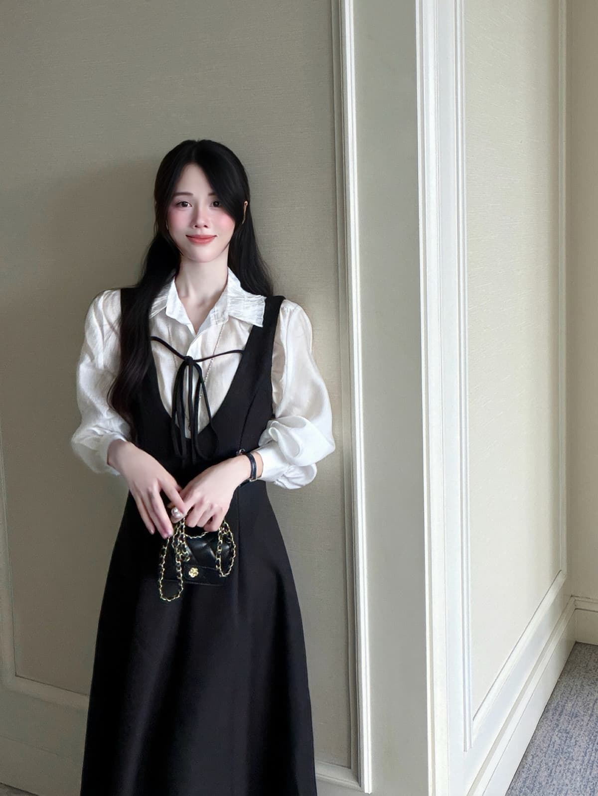 실사 빅 사이즈 여성 의류 한 부서 학원 스타일 주간 실크 셔츠 우아함 품격 단색 미니멀리즘 롱 코트 드레스 상세 이미지 2