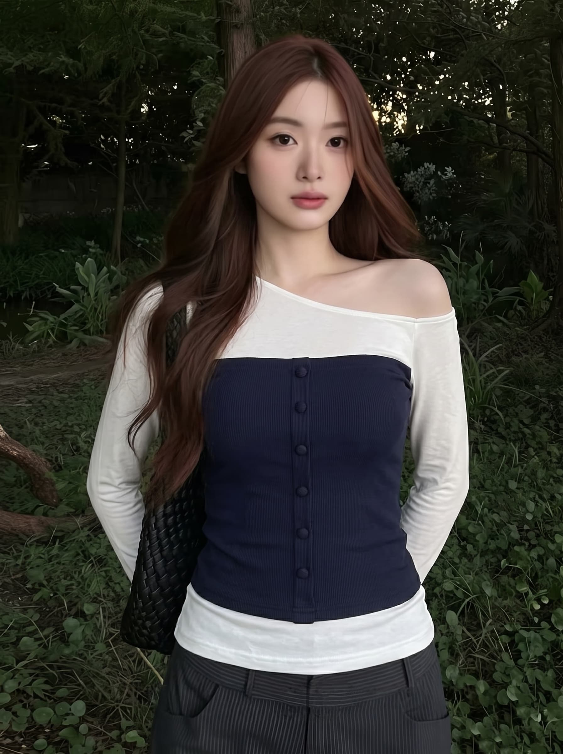 실사 빅 사이즈 배색 패치워크 비스듬한 어깨 긴팔 티셔츠 가을 한 부서 오프숄더 몸매 가꾸기 슬림해 보이는 캐주얼 다용도 맨위 상세 이미지 5