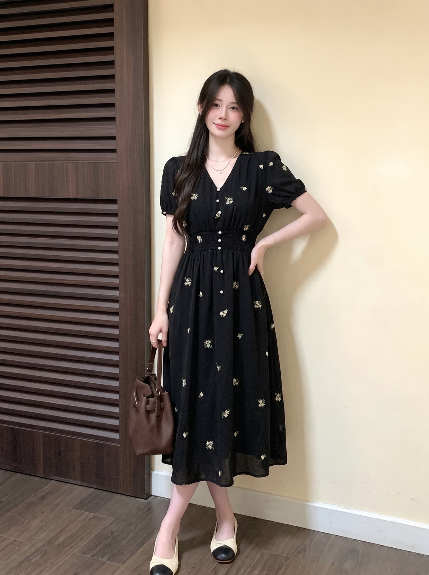 실사 빅 사이즈 여성 의류 검정색 여성 드레스 무거운 작업 자수 허리 수축 V넥 무릎 아래 롱 스커트 프랑스식 그는 벤 바람 상세 이미지 8