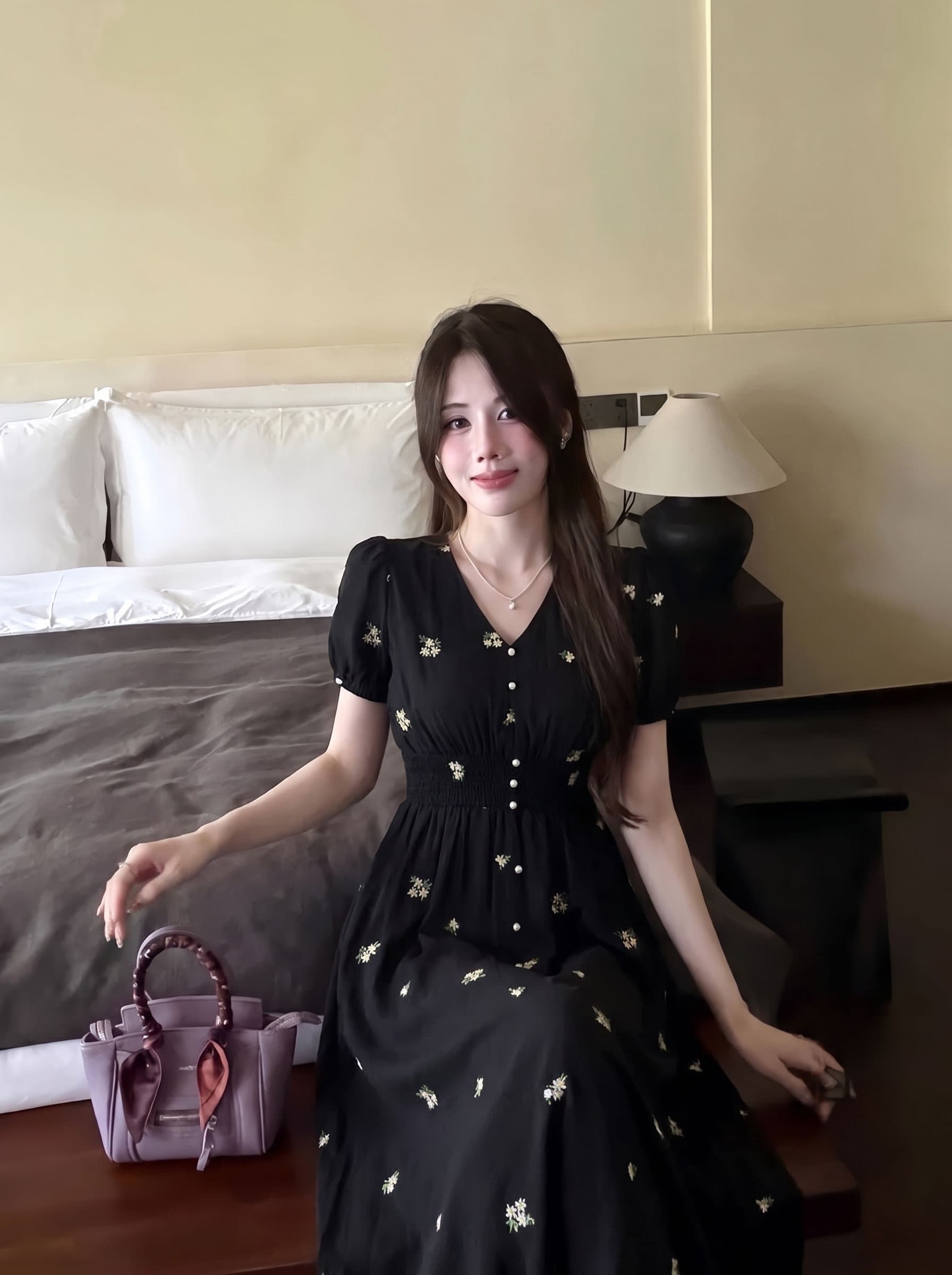 실사 빅 사이즈 여성 의류 검정색 여성 드레스 무거운 작업 자수 허리 수축 V넥 무릎 아래 롱 스커트 프랑스식 그는 벤 바람 상세 이미지 14