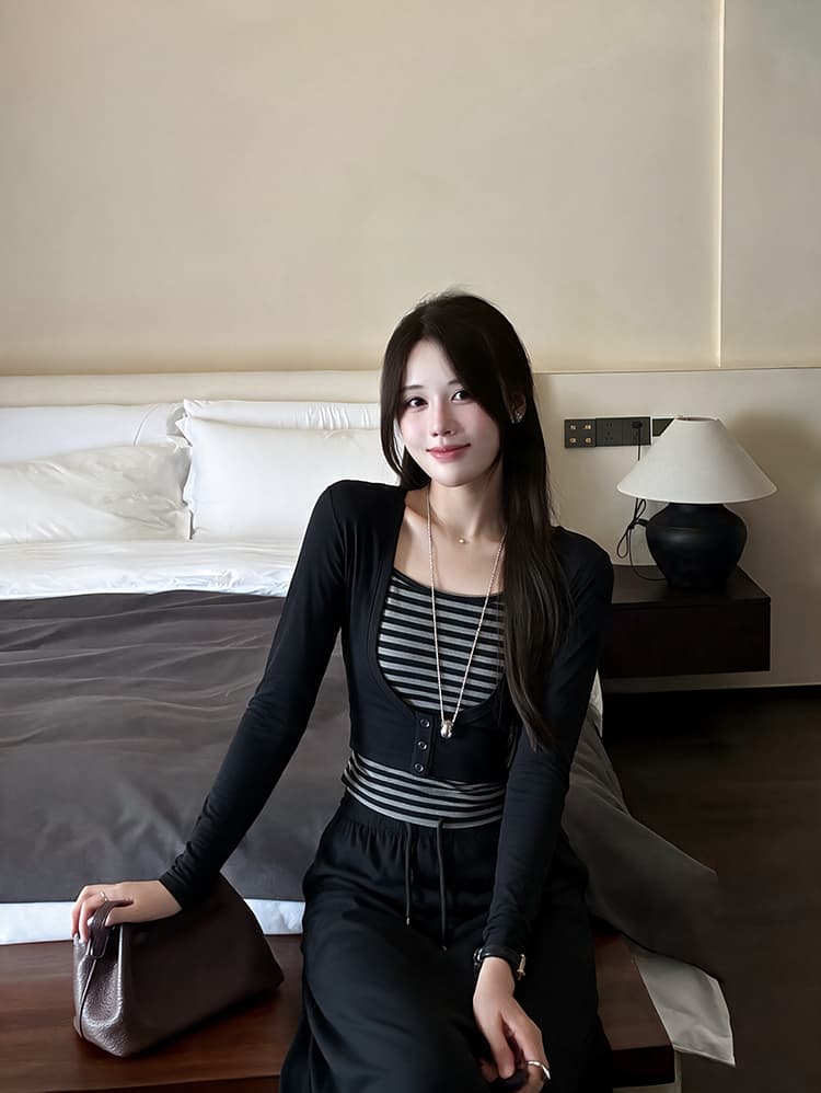 실사 빅 사이즈 여성 의류 페이크 레이어드 느슨함 배색 맨위 허리밴드 하이웨이스트 슬림해 보이는 스트레이트 반 스커트 지방 mm 상세 이미지 2