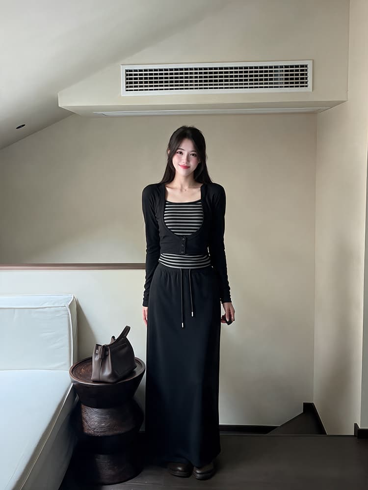 실사 빅 사이즈 여성 의류 페이크 레이어드 느슨함 배색 맨위 허리밴드 하이웨이스트 슬림해 보이는 스트레이트 반 스커트 지방 mm 상세 이미지 4