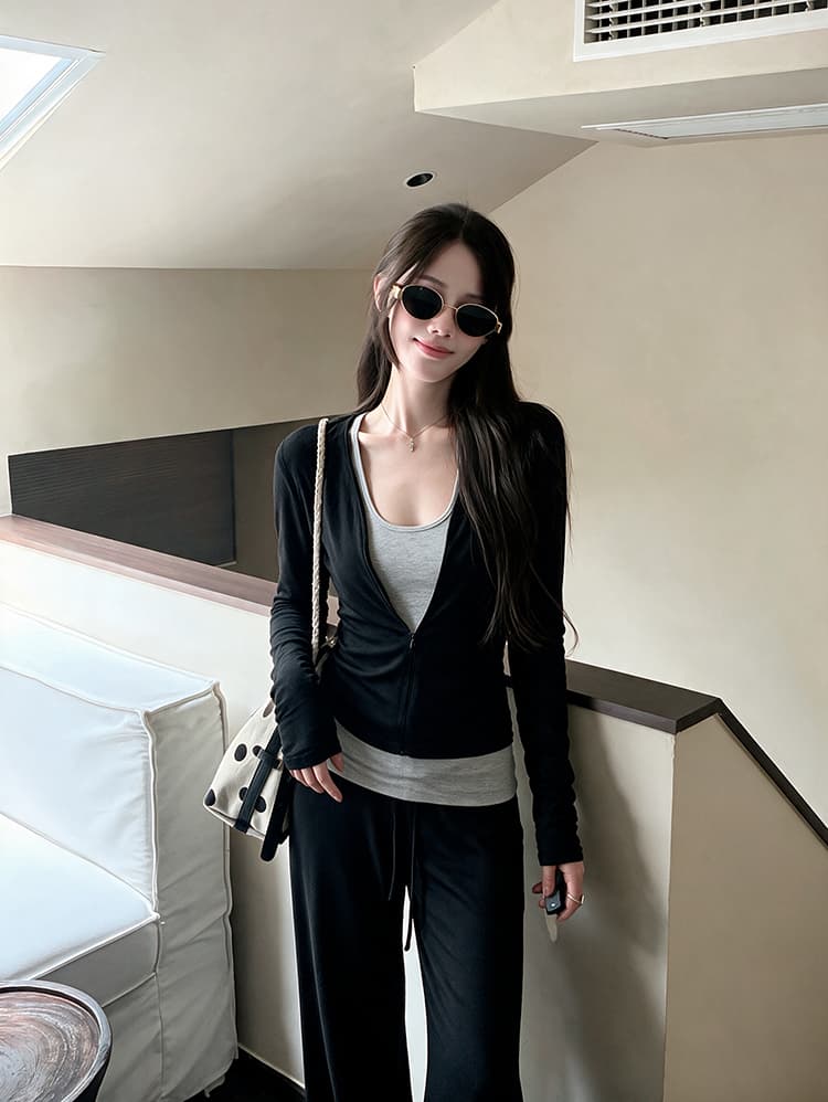 실사 빅 사이즈 lulu 부서 종이 사람들 세트 디자인 지퍼 긴팔 t+ 슬림해 보이는 조끼 도루 센스 캐주얼 바지 이미지 2