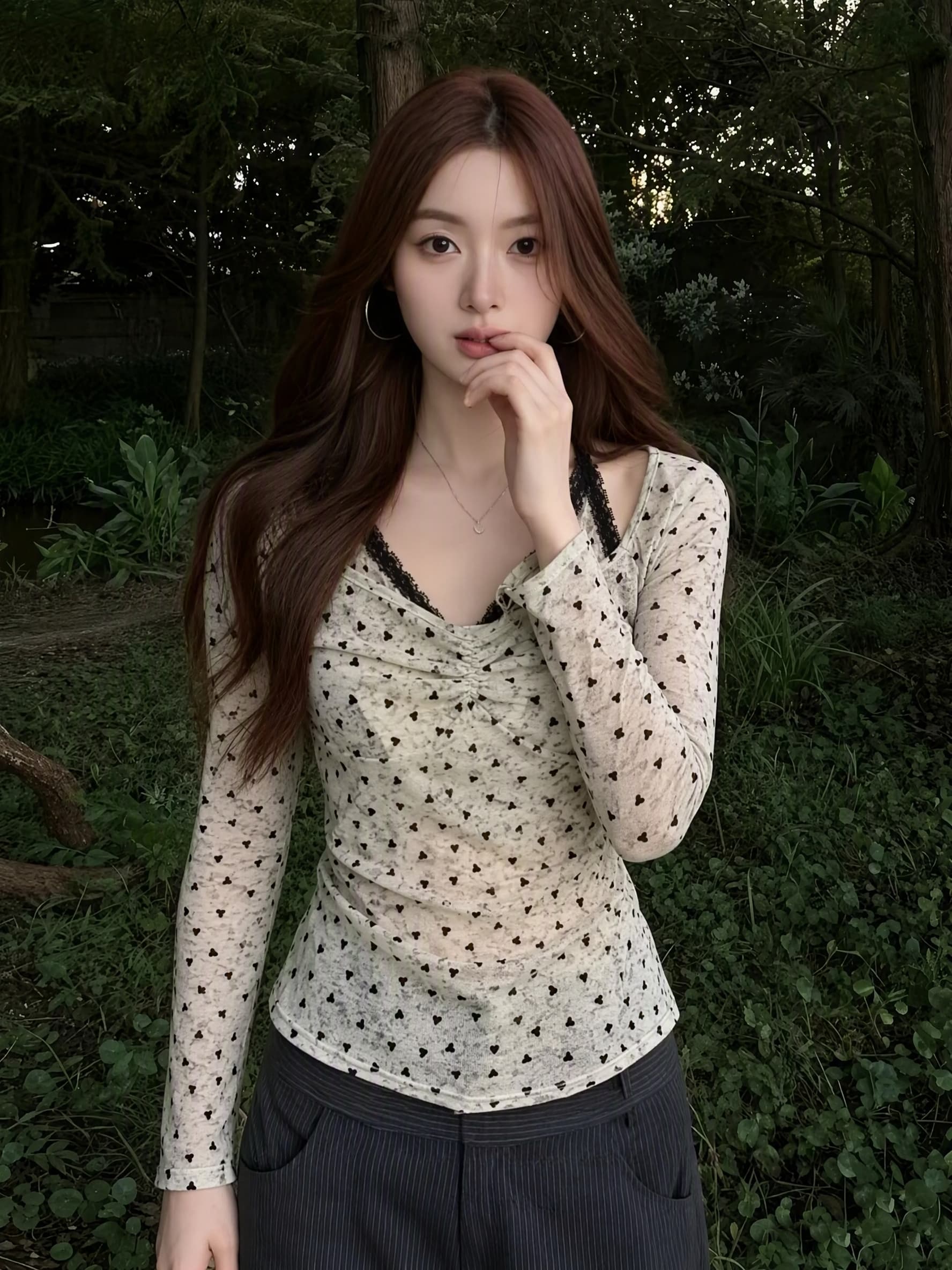 실사 빅 사이즈 여성 의류 레이스 행침 목 페이크 레이어드 작은 셔츠 여성 지방 mm 이른 가을 새로운 미니멀리즘 슬림해 보이는 맨위 상세 이미지 5