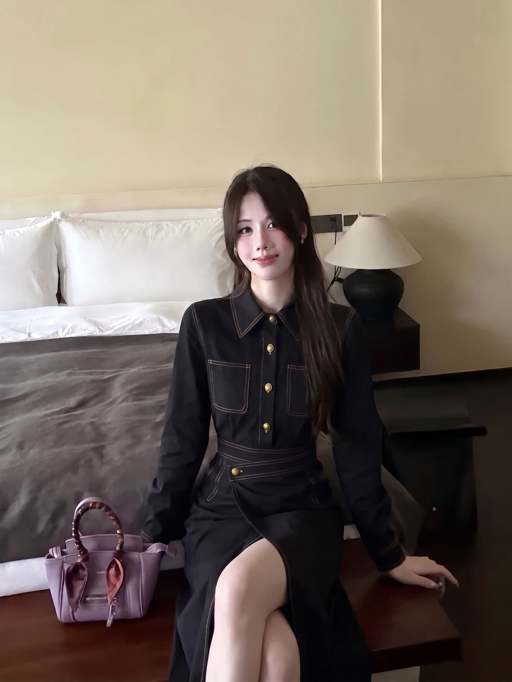 실사 빅 사이즈 여성 의류 가을 품격 미니멀리즘 레트로 슬림해 보이는 표지 고기 고급 센스 검정색 긴팔 데님 스커트 상세 이미지 3