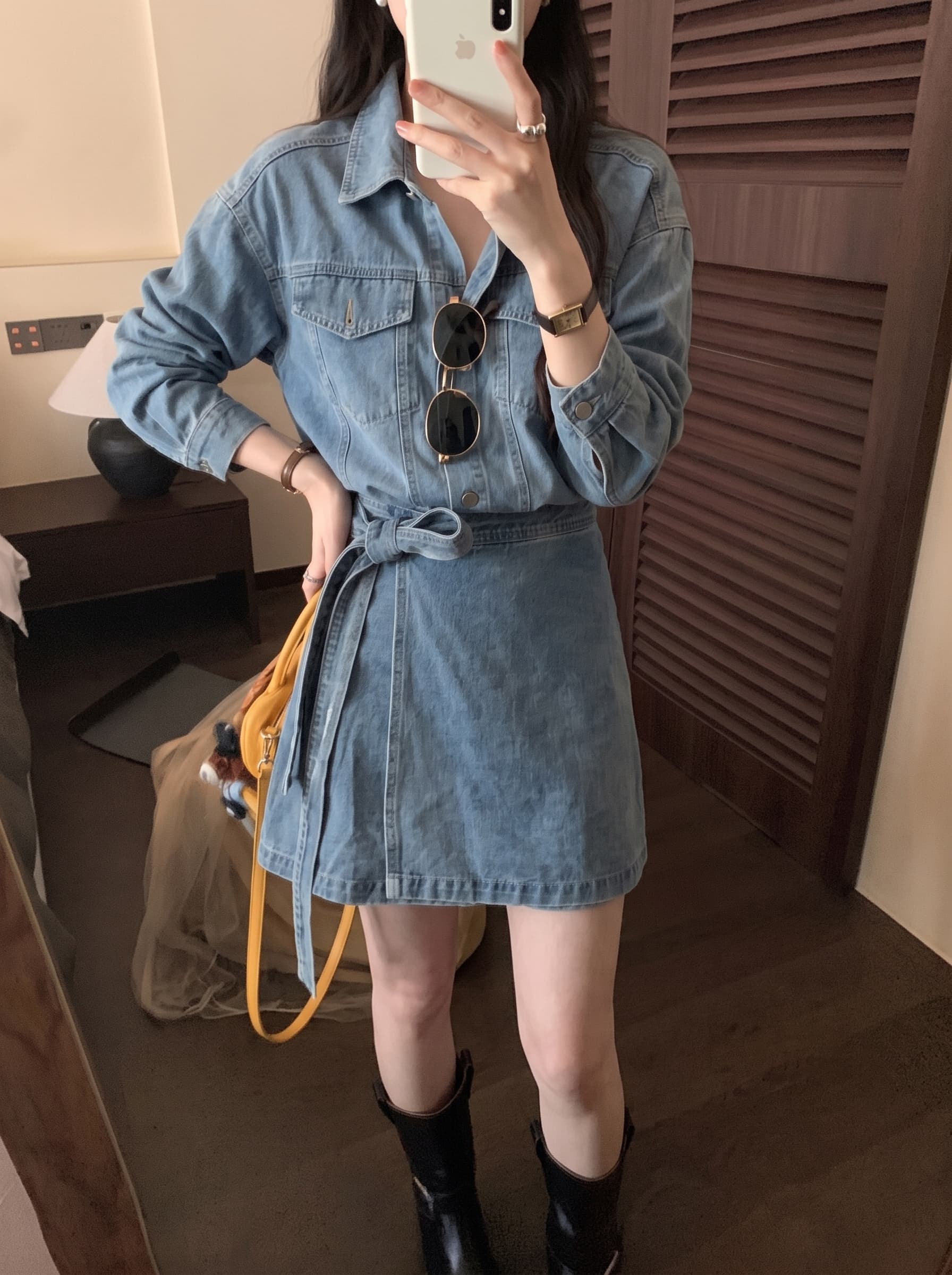 실사 빅 사이즈 가을 와 성별 자유 주의자 레트로 항구 바람 폴로 칼라 워싱 데님 드레스 품격 허리 수축 이미지 4