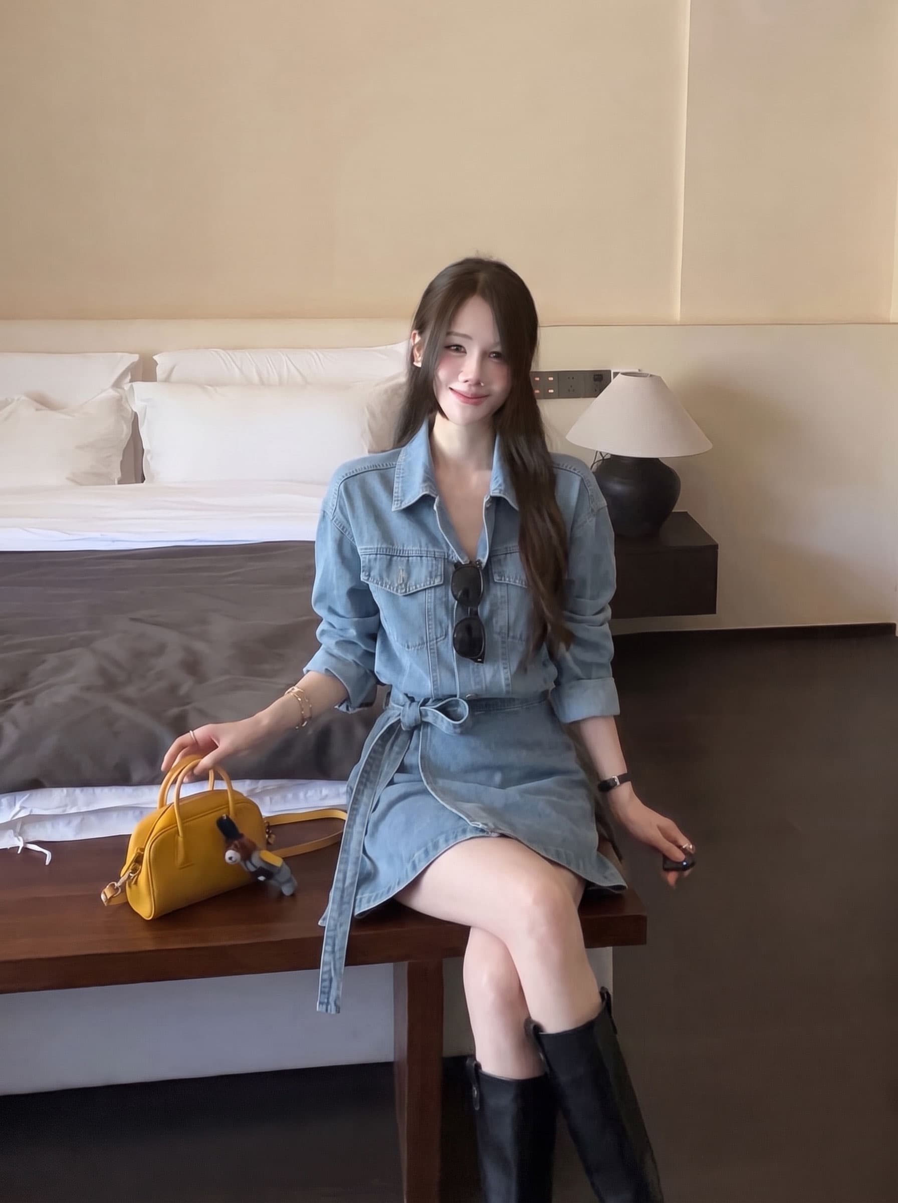 실사 빅 사이즈 가을 와 성별 자유 주의자 레트로 항구 바람 폴로 칼라 워싱 데님 드레스 품격 허리 수축 이미지 3