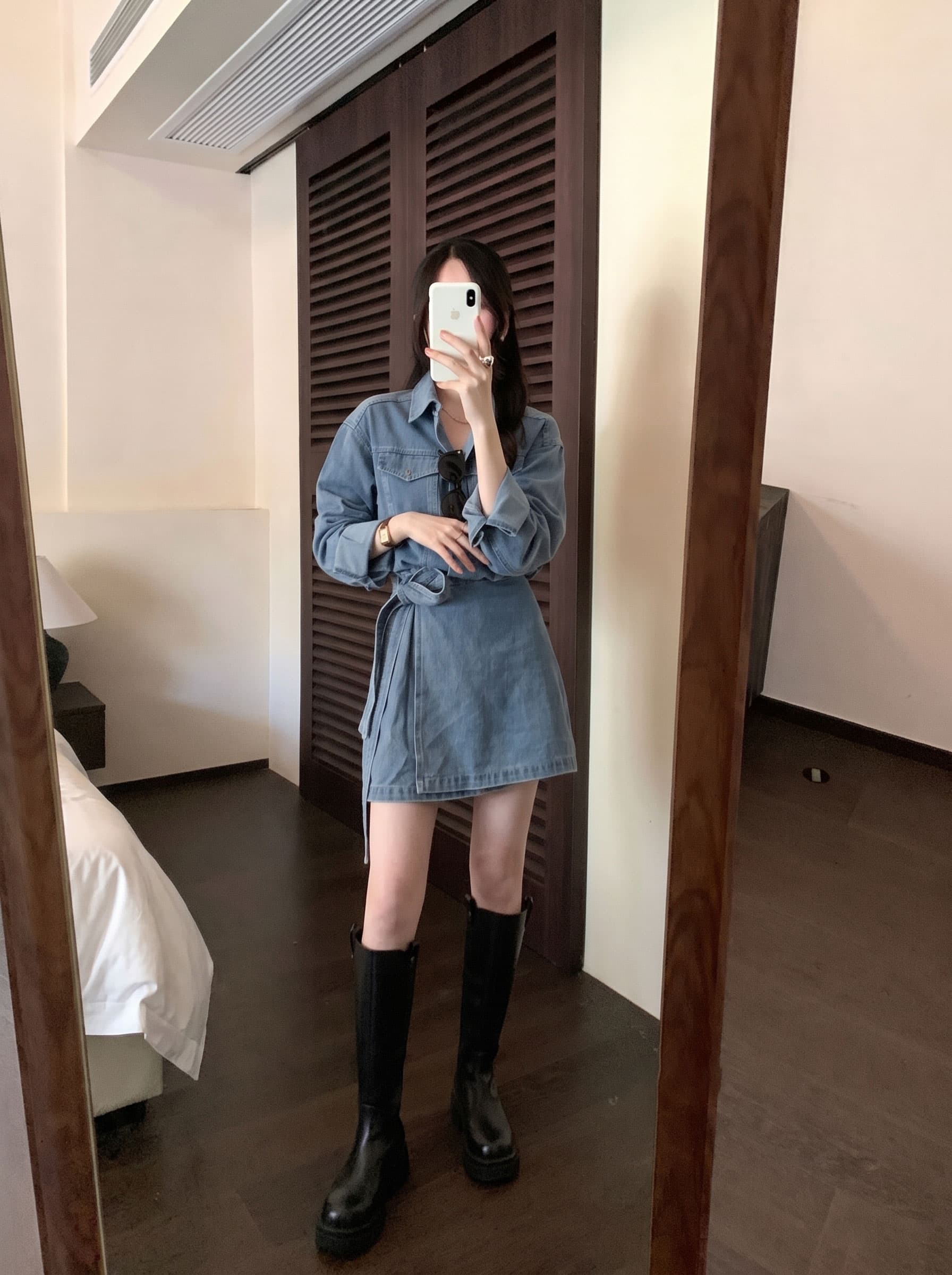 실사 빅 사이즈 가을 와 성별 자유 주의자 레트로 항구 바람 폴로 칼라 워싱 데님 드레스 품격 허리 수축 상세 이미지 4
