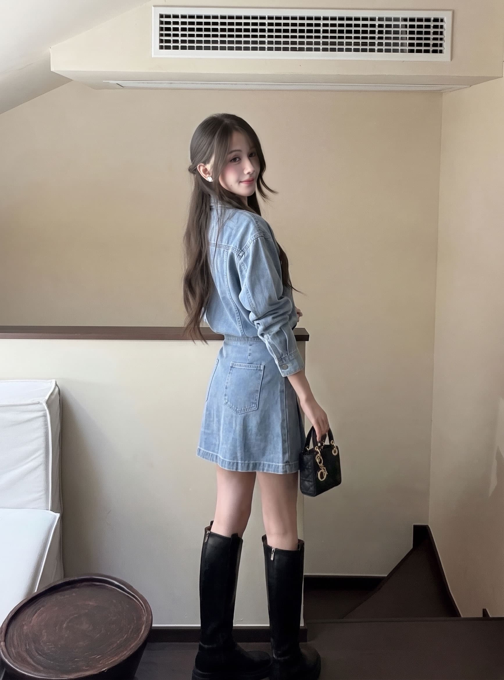 실사 빅 사이즈 가을 와 성별 자유 주의자 레트로 항구 바람 폴로 칼라 워싱 데님 드레스 품격 허리 수축 상세 이미지 6