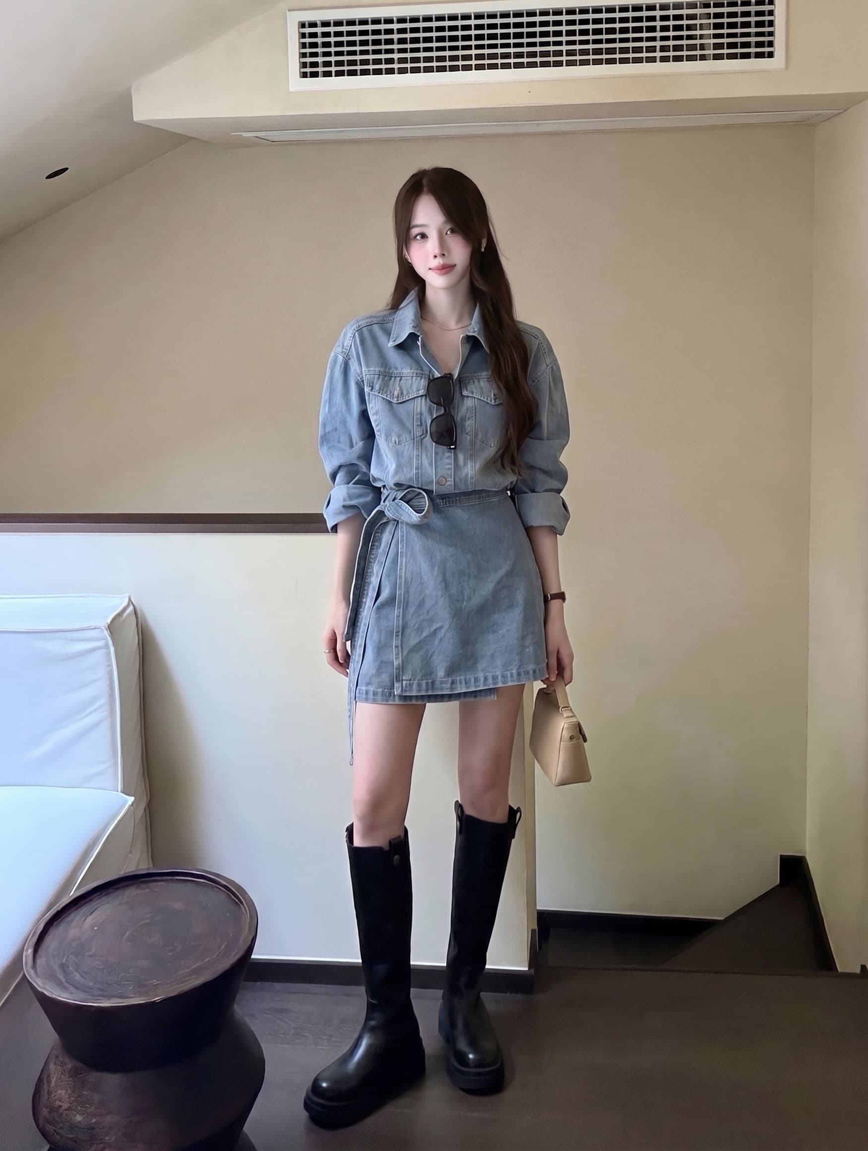 실사 빅 사이즈 가을 와 성별 자유 주의자 레트로 항구 바람 폴로 칼라 워싱 데님 드레스 품격 허리 수축 상세 이미지 9
