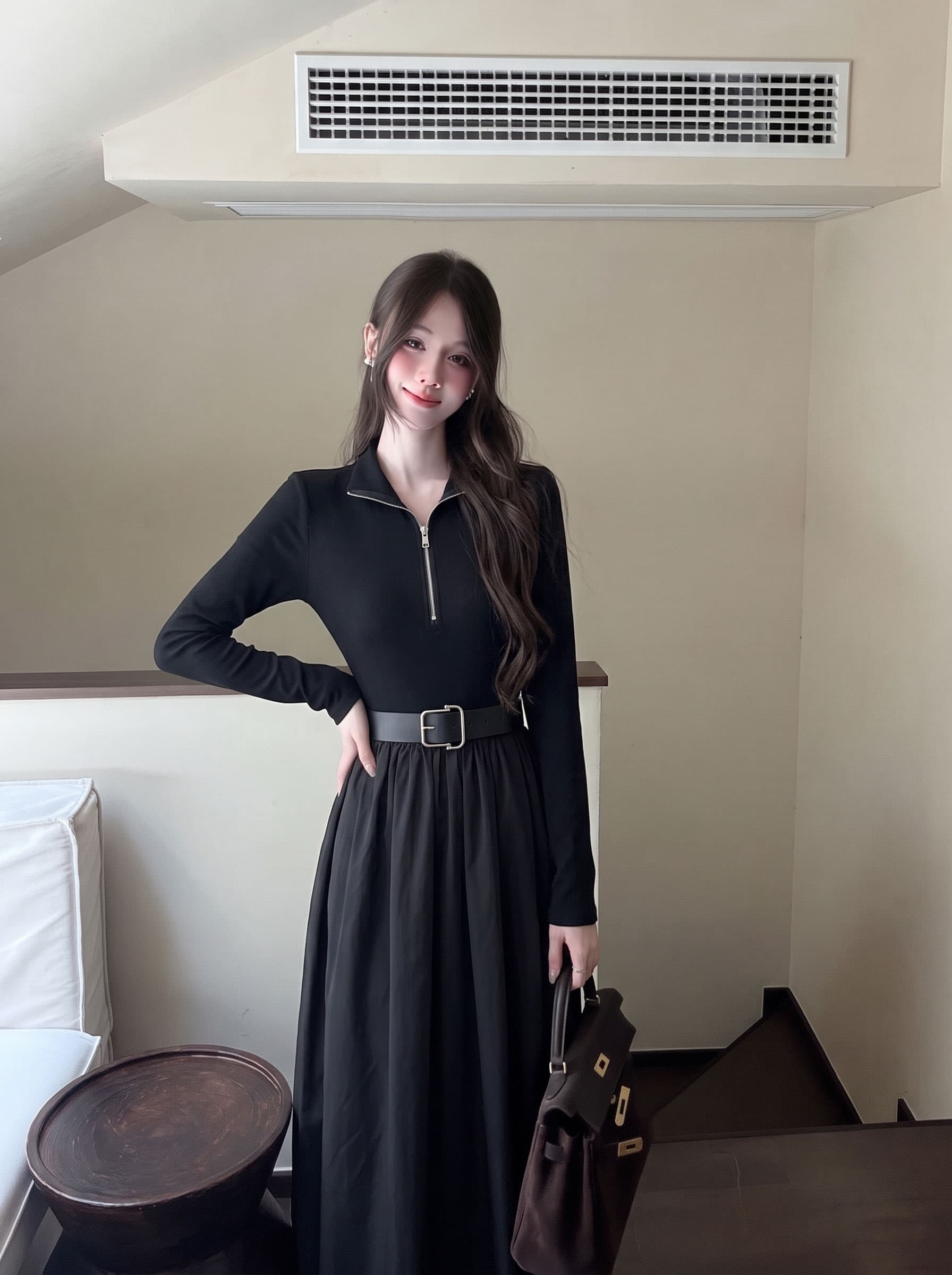 실사 빅 사이즈 여성 의류 가을 그는 벤 바람 검정색 품격 디자인 센스 패션 지퍼 허리 수축 슬림해 보이는 드레스 이미지 2