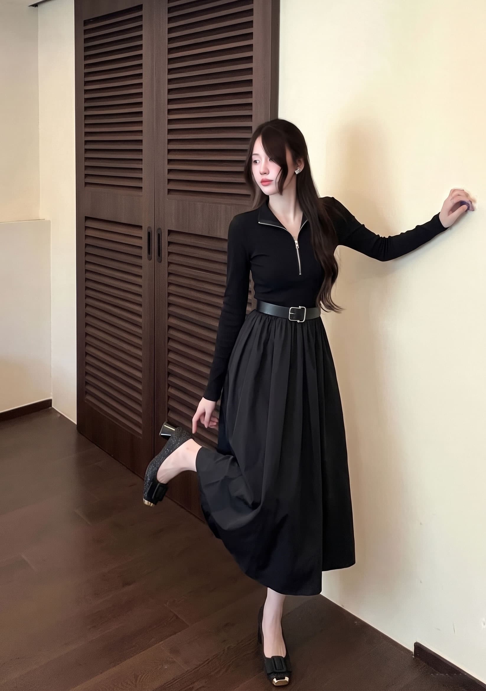 실사 빅 사이즈 여성 의류 가을 그는 벤 바람 검정색 품격 디자인 센스 패션 지퍼 허리 수축 슬림해 보이는 드레스 상세 이미지 3