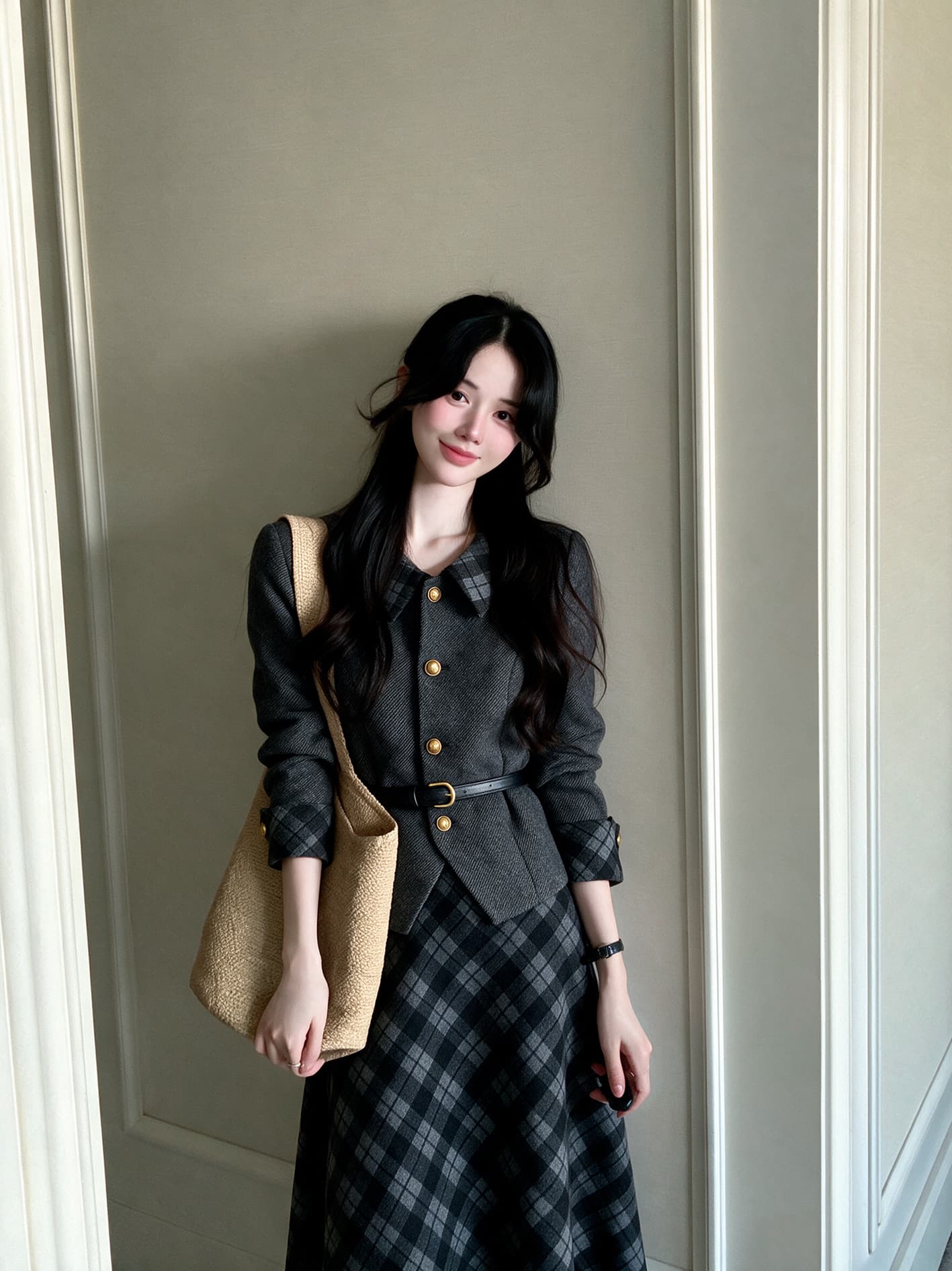 실사 빅 사이즈 여성 의류 가을 겨울철 한 부서 품격 고급 재킷 반신 스커트 패션 검정색 세트 여성