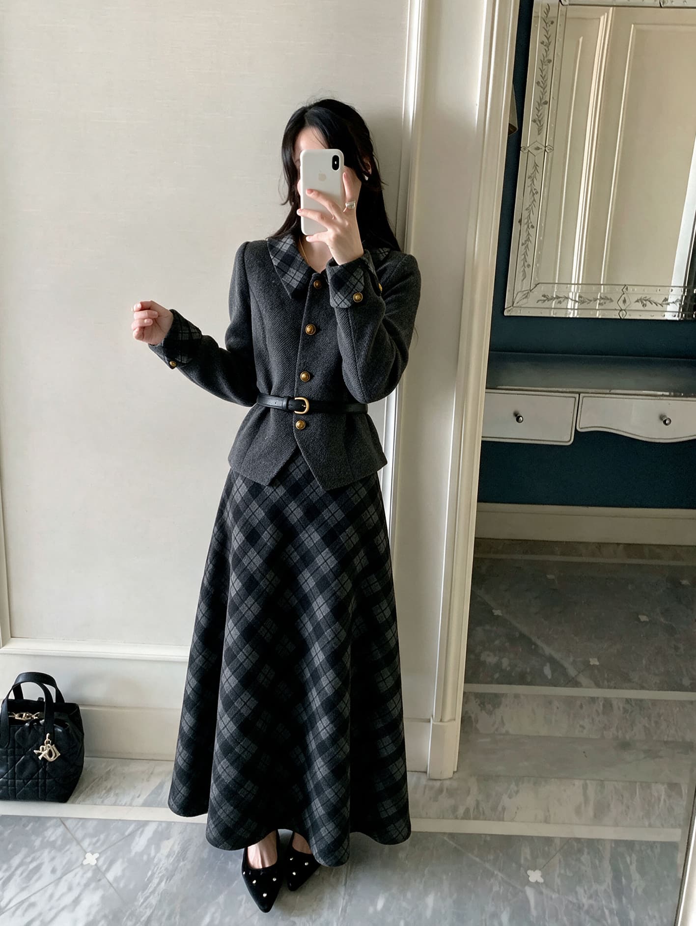 실사 빅 사이즈 여성 의류 가을 겨울철 한 부서 품격 고급 재킷 반신 스커트 패션 검정색 세트 여성 상세 이미지 2
