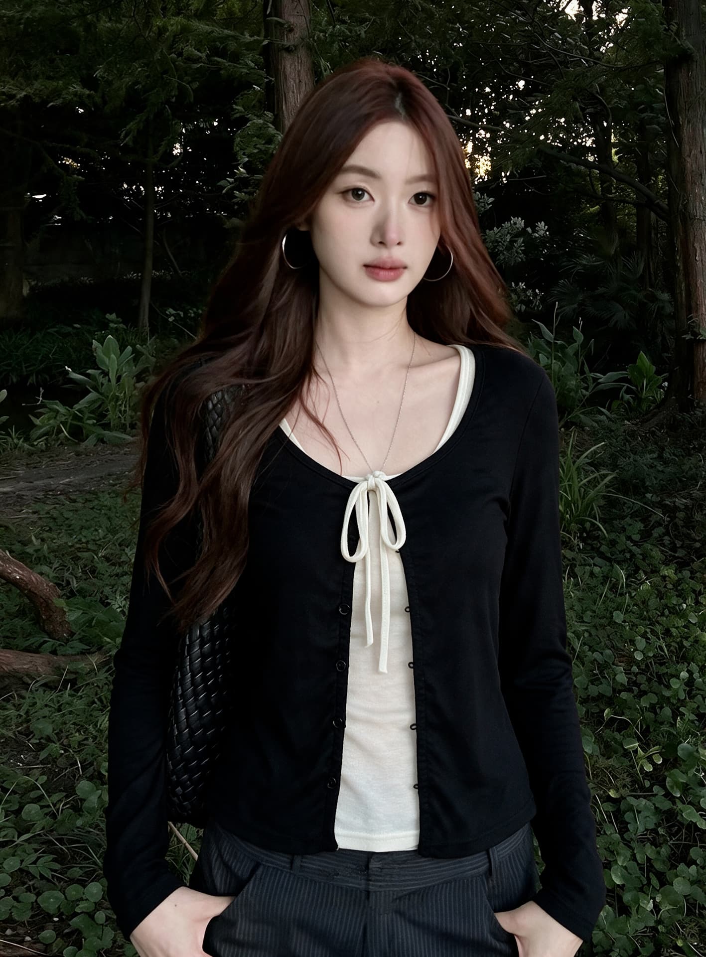 실사 빅 사이즈 2026 이른 가을 새로운 순수한 욕망 스트랩 반팔 티셔츠 스택 착용 긴팔 오픈 가디건 투피스 세트 맨위 상세 이미지 6