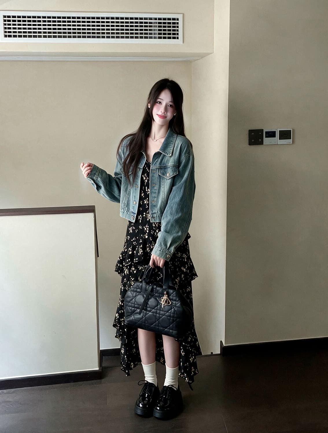 실사 빅 사이즈 여성 의류 이른 가을 고급 센스 불규칙 프랑스식 꽃무늬 슬립 드레스 작은 대중 데님 재킷 세트 상세 이미지 4