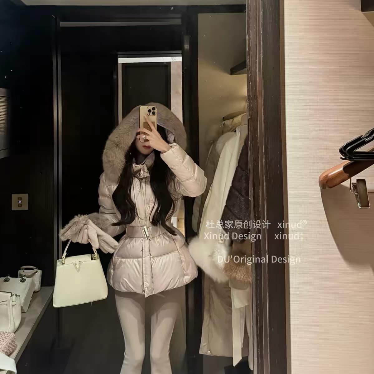Du 합계 홈 한 여성 모래 시계 허리 다운 재킷 한 부서 부드러운 바람 보온 모피 칼라 후드 허리 수축 화이트 덕 다운 여성 겨울 이미지 3