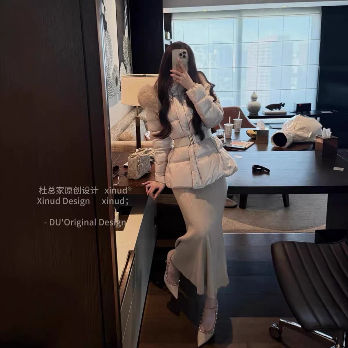 Du 합계 홈 한 여성 모래 시계 허리 다운 재킷 한 부서 부드러운 바람 보온 모피 칼라 후드 허리 수축 화이트 덕 다운 여성 겨울 이미지 4