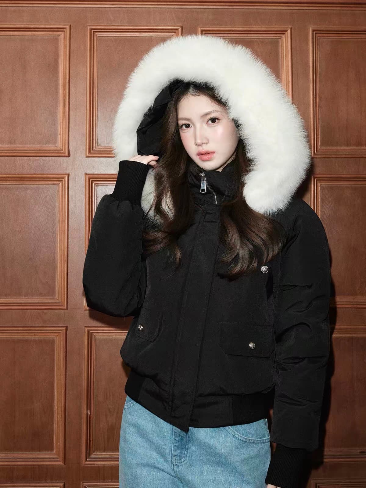 avenement 90 화이트 덕 다운 여우 모피 칼라 다운 외투 검정색 스탠드 칼라 Parker 서비스 여성 두꺼움 겨울 의류 이미지 2