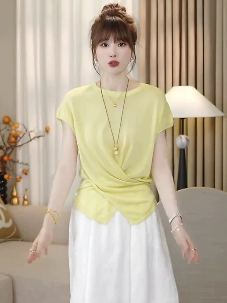 라운드 넥 얼음 실크 반팔 니트 스웨터 여성 2026 새로운 여름 디자인 센스 십자가 고유 한 Chic 슈퍼 잘 생긴 맨위 이미지 3