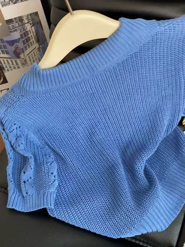 프랑스식 홀로우 아웃 작은 셔츠 톰 글 래 원인 블루 POLO 칼라 니트 얼음 실크 반팔 티셔츠 여성 여름 쇼트 스타일 긍정적 인 어깨 의류 이미지 4