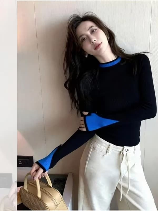 2026 봄 고급 센스 슈퍼 잘 생긴 부드러운 찹쌀 느긋한 바람 연령 감소 고유 한 Chic 느슨함 센스 배색 니트 스웨터 여성 이미지 3