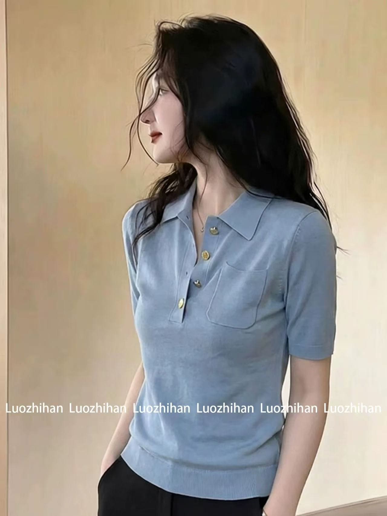 프랑스식 POLO 칼라 파란색 얼음 실크 니트 반팔 티셔츠 여성 2026 여름 새로운 몸매 가꾸기 디스플레이 얇고 작은 맨위 트렌디 상세 이미지 4