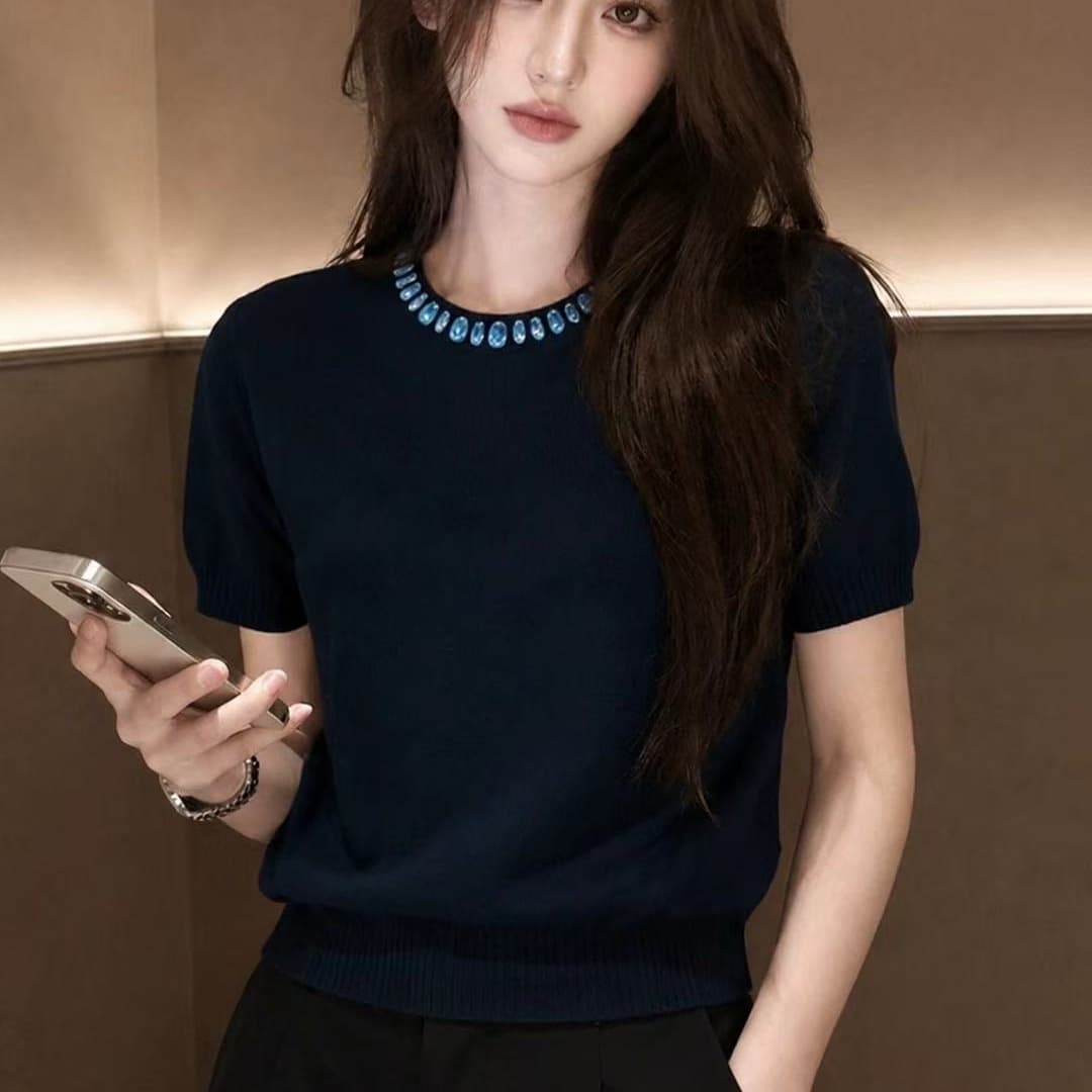 디자인 센스 출퇴근 다용도 패션 품격 다이아몬드 세팅 풀오버 니트 스웨터 여름 새로운 작은 대중 Chic 반팔 맨위 이미지 5