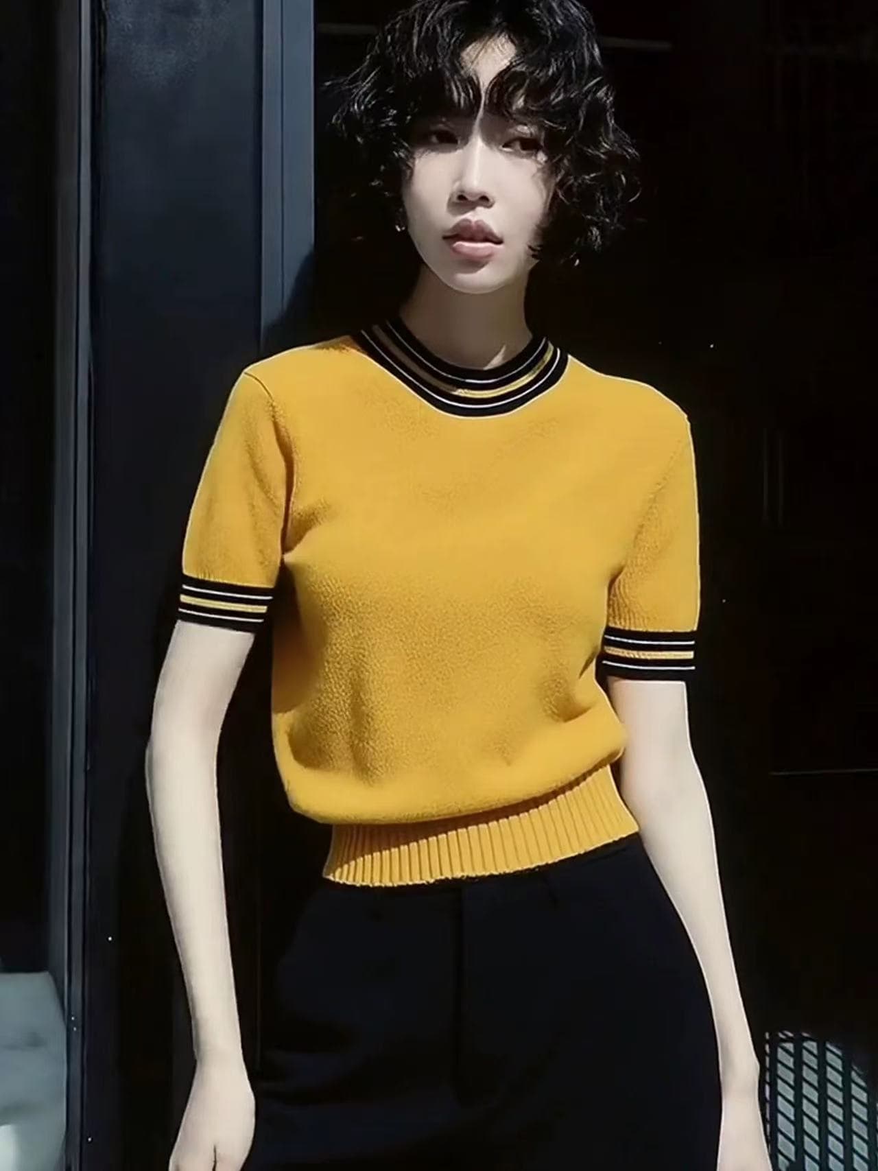 배색 반팔 니트 스웨터 고유 한 연령 감소 아름다운 슬림해 보이는 맨위 여름 느긋한 캐주얼 다용도 편안함 기본 셔츠 이미지 4