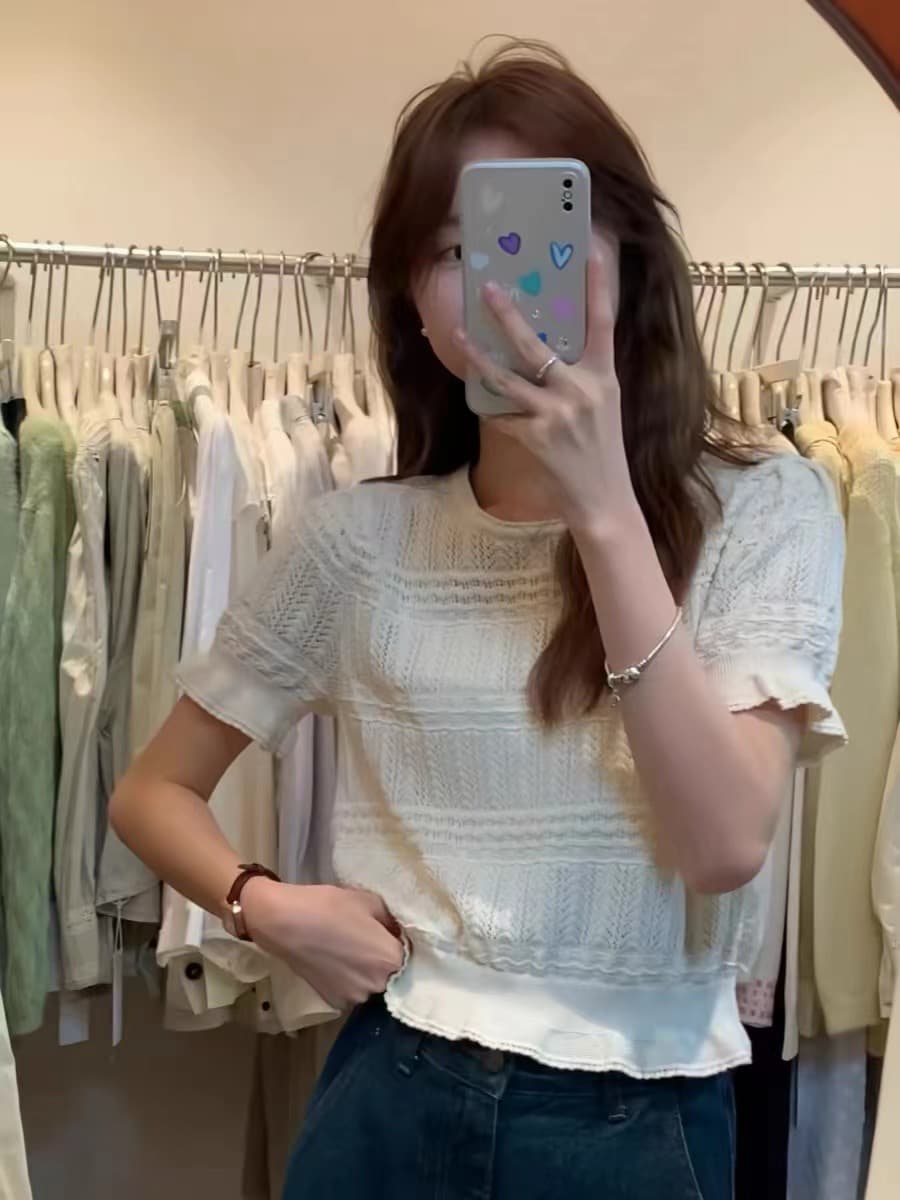 베이지 색 홀로우 아웃 니트 스웨터 반팔 여성 여름 새로운 작은 대중 디자인 몸매 가꾸기 허리 수축 쇼트 스타일 슬림해 보이는 긍정적 인 어깨 의류 상세 이미지 3