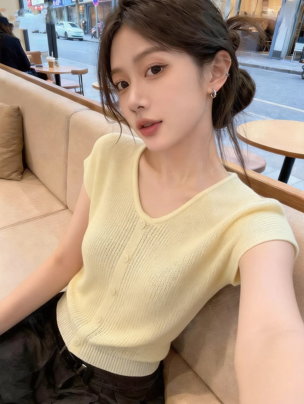 고급 센스 슈퍼 잘 생긴 우유 황색 반팔 티셔츠 여성 여름 새로운 외국 가스 디스플레이 화이트 질감 센스 라운드 넥 니트 스웨터 이미지 4